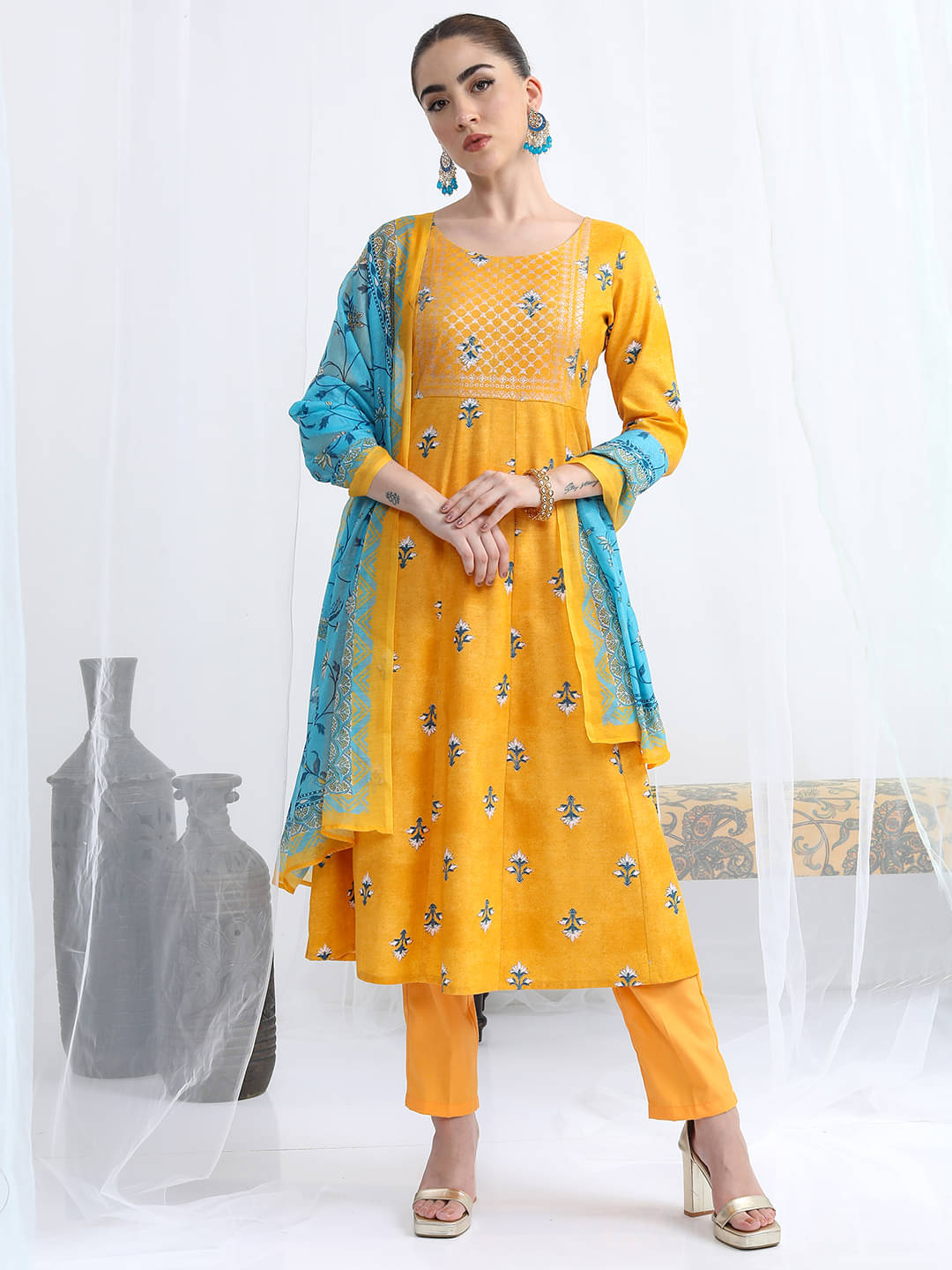     			Ketch Polyester Printed Kurti With Pants Women's Stitched Salwar Suit - Mustard ( Pack of 1 )