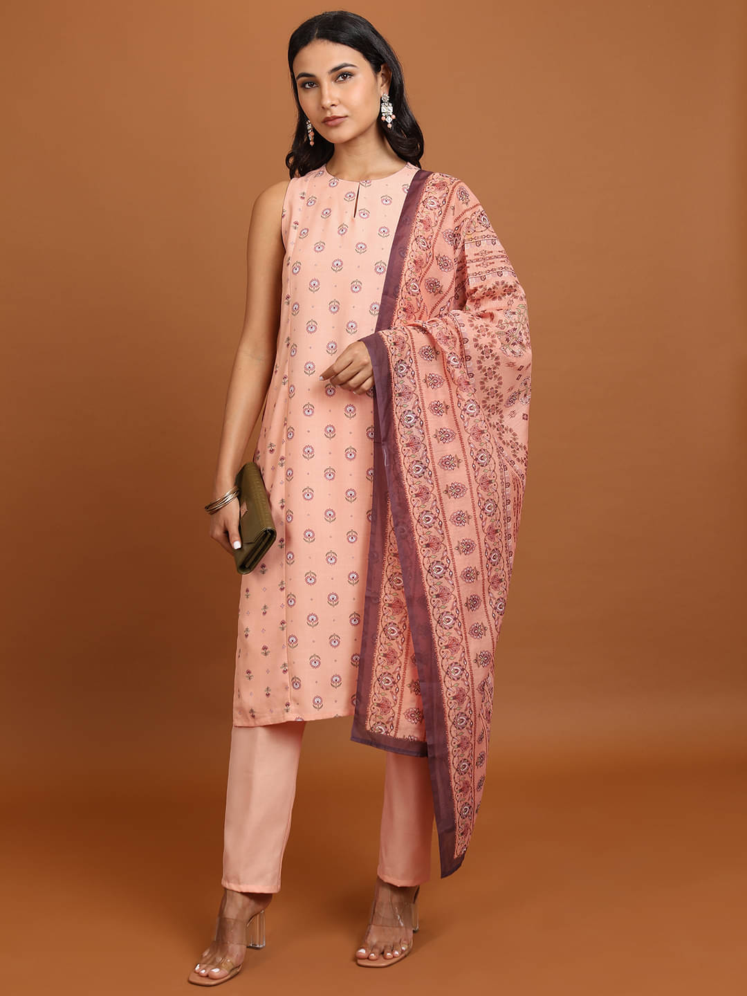     			Ketch Polyester Printed Kurti With Pants Women's Stitched Salwar Suit - Peach ( Pack of 1 )