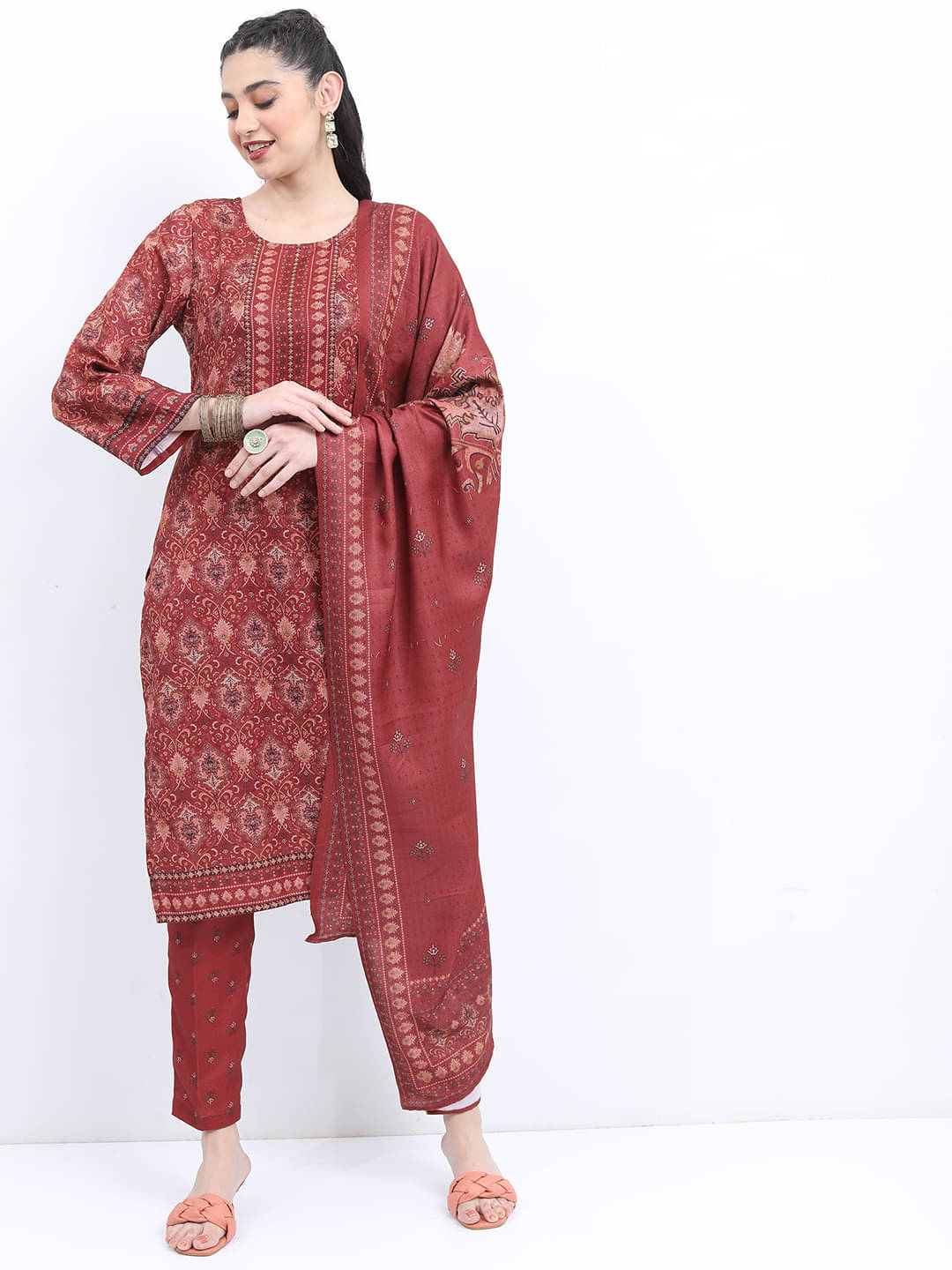     			Ketch Polyester Printed Kurti With Pants Women's Stitched Salwar Suit - Beige ( Pack of 1 )