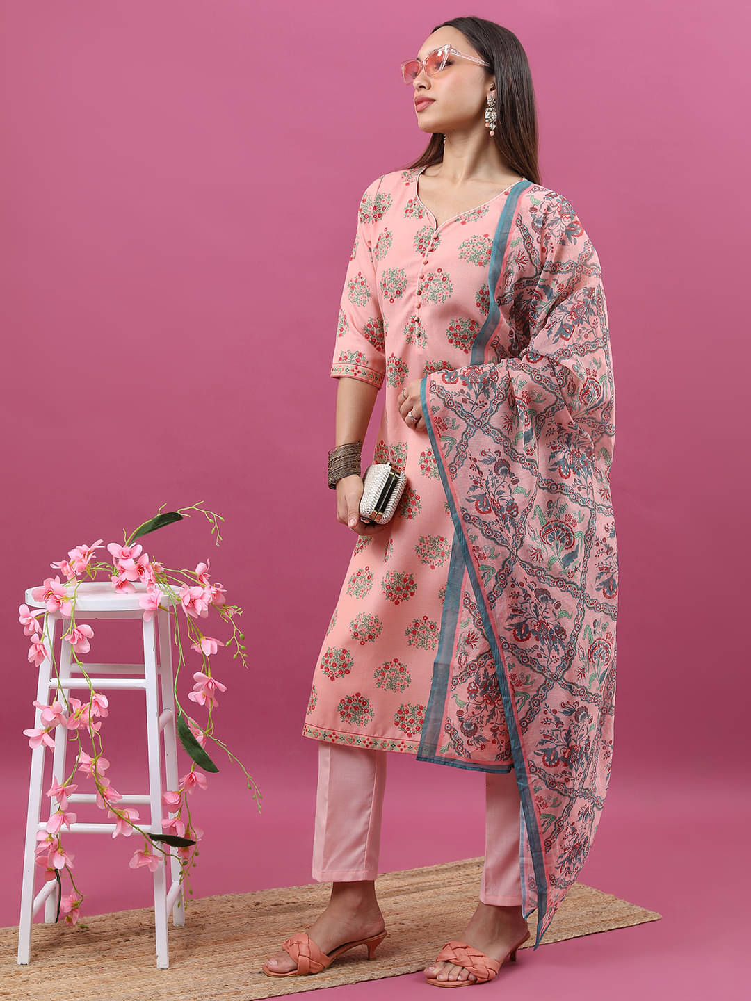     			Ketch Polyester Printed Kurti With Pants Women's Stitched Salwar Suit - Peach ( Pack of 1 )