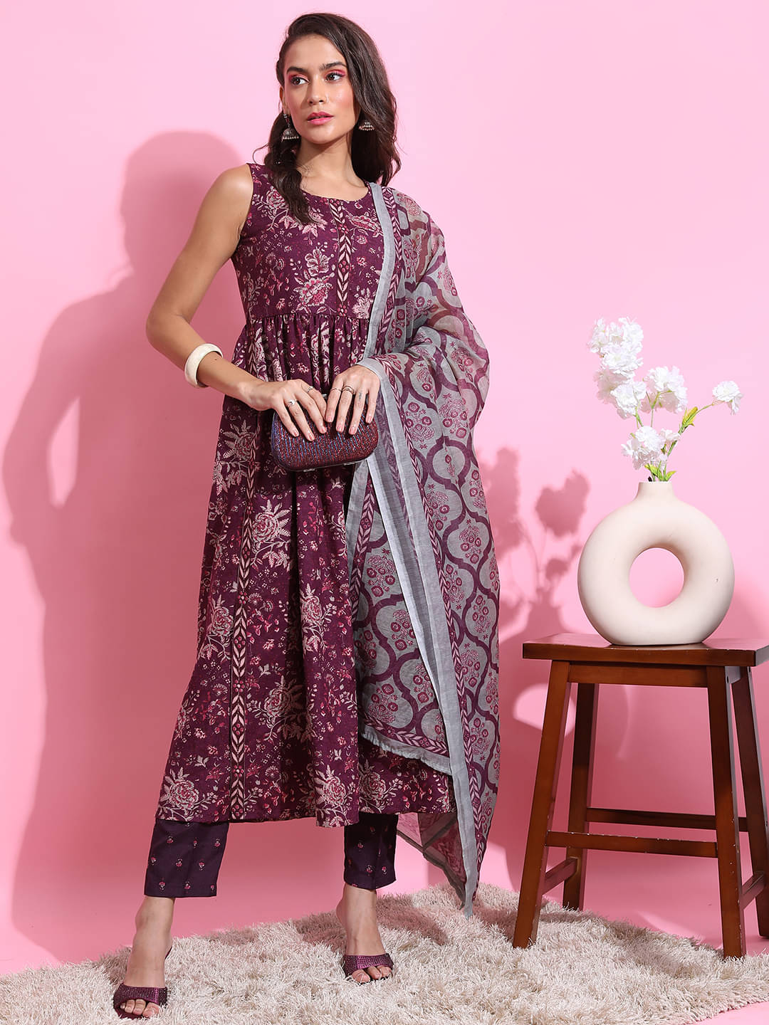    			Ketch Polyester Printed Kurti With Pants Women's Stitched Salwar Suit - Purple ( Pack of 1 )