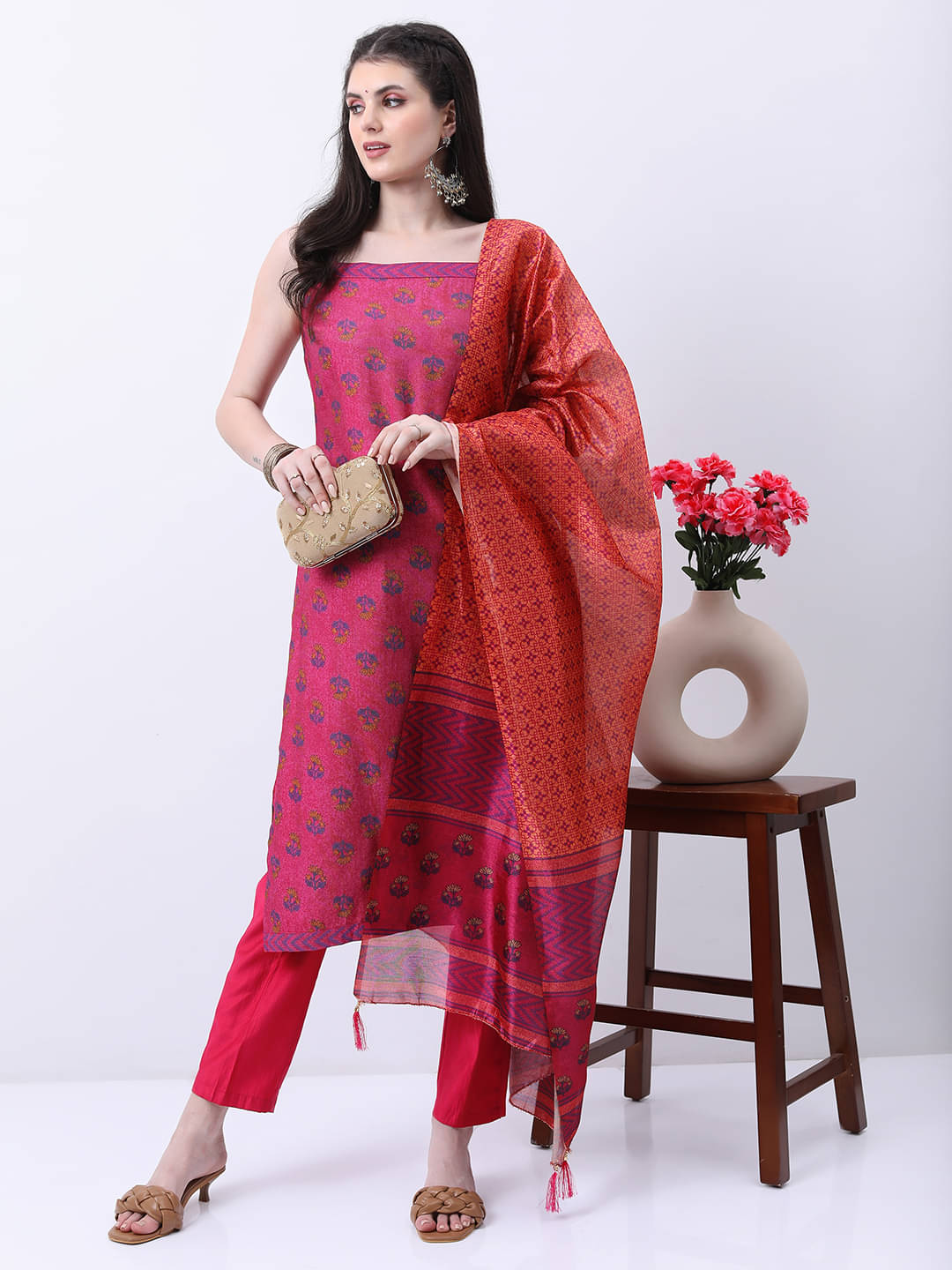     			Ketch Polyester Printed Kurti With Pants Women's Stitched Salwar Suit - Pink ( Pack of 1 )