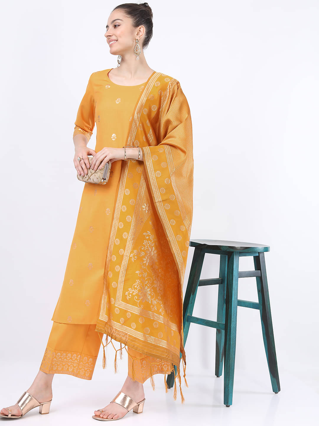    			Ketch Polyester Printed Kurti With Palazzo Women's Stitched Salwar Suit - Yellow ( Pack of 1 )