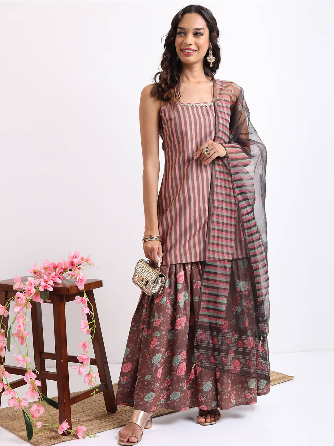 Ketch Polyester Striped Kurti With Sharara And Gharara Women's Stitched Salwar Suit - Brown ( Pack of 1 ) Ketch Polyester Striped Kurti With Sharara And Gharara Women's Stitched Salwar Suit - Brown ( Pack of 1 )