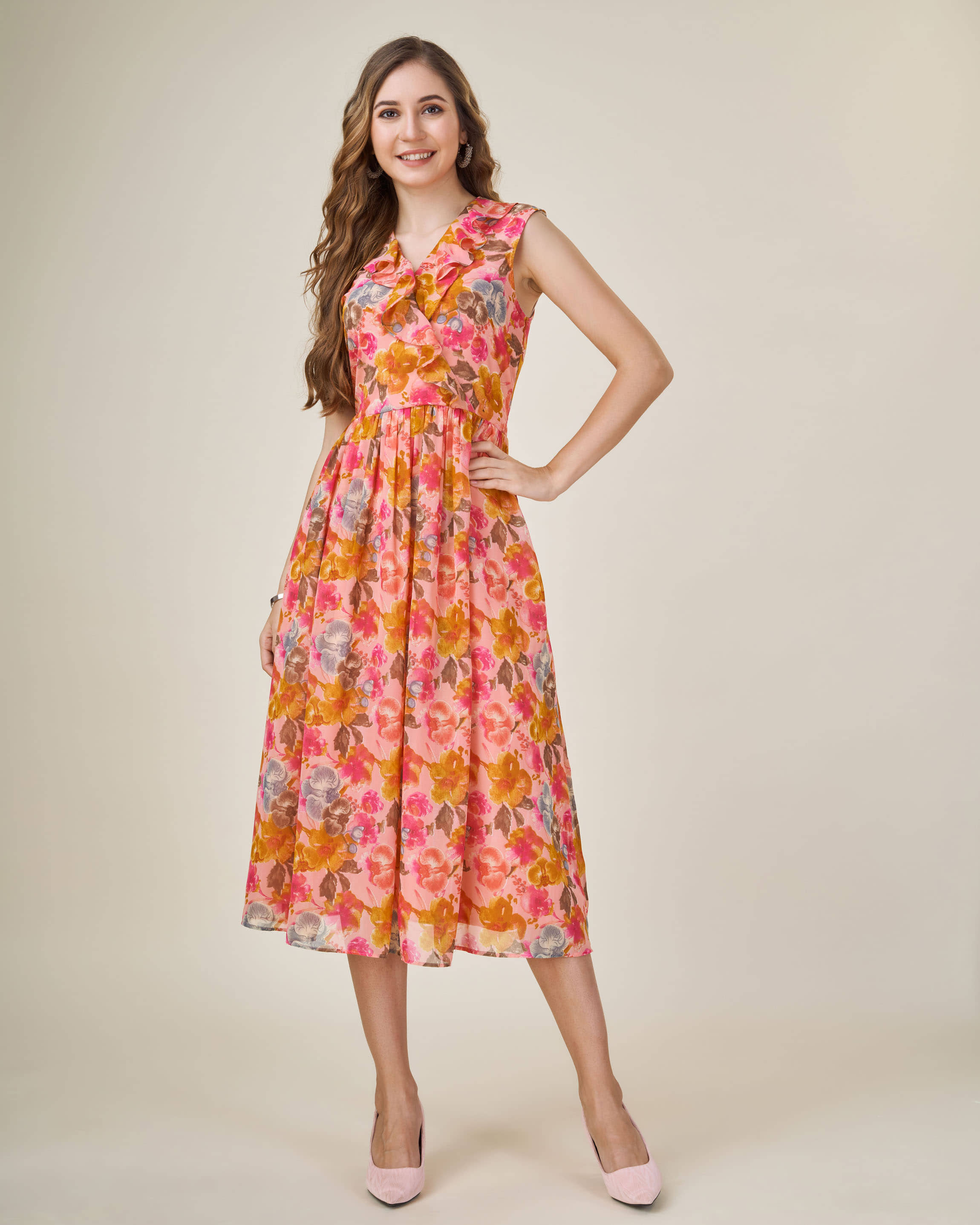 MOJILAA Women Georgette Printed Fit & Flare Dress ( Grey )