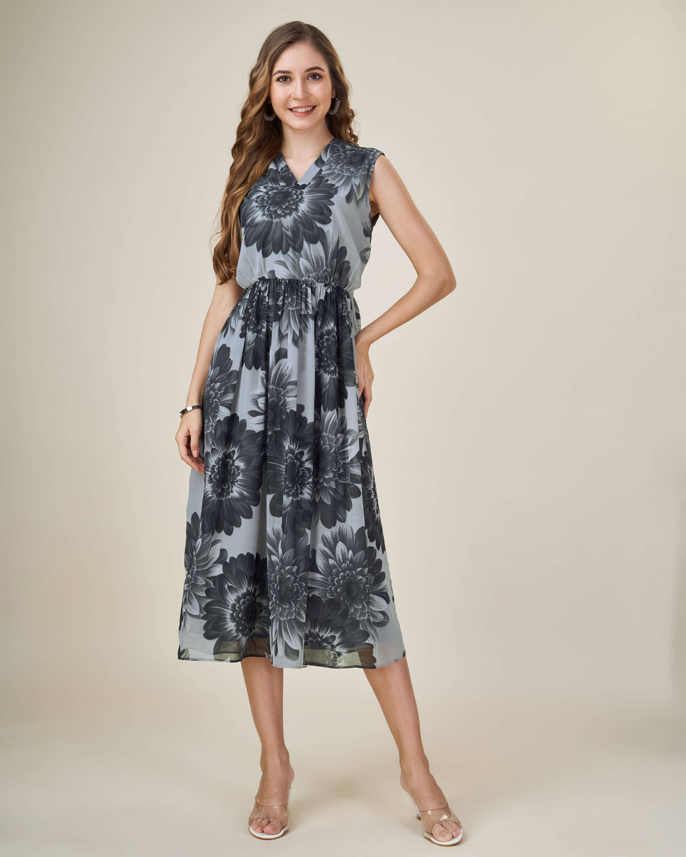 MOJILAA Women Georgette Printed Fit & Flare Dress ( Black ) MOJILAA Women Georgette Printed Fit & Flare Dress ( Black )