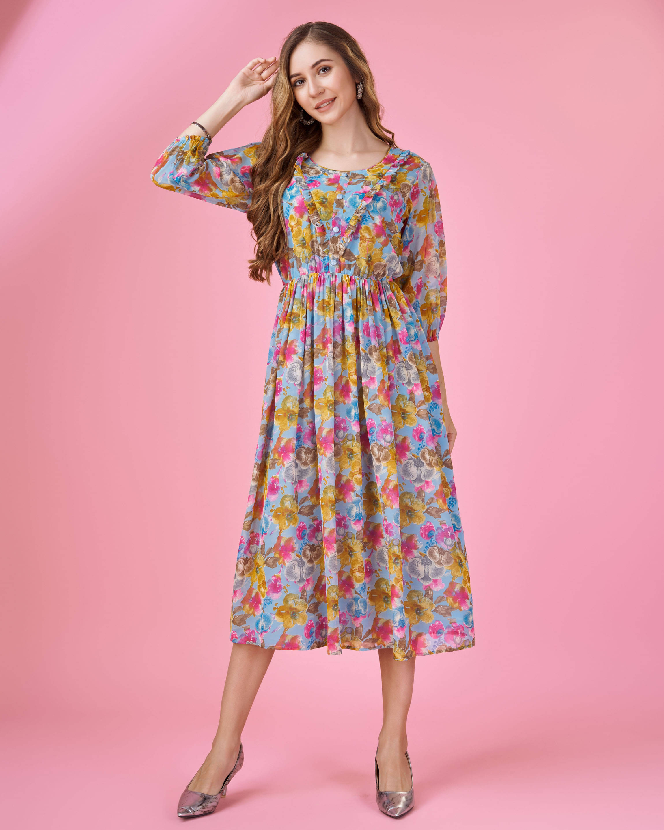     			MOJILAA Women Georgette Printed Fit & Flare Dress ( Blue )