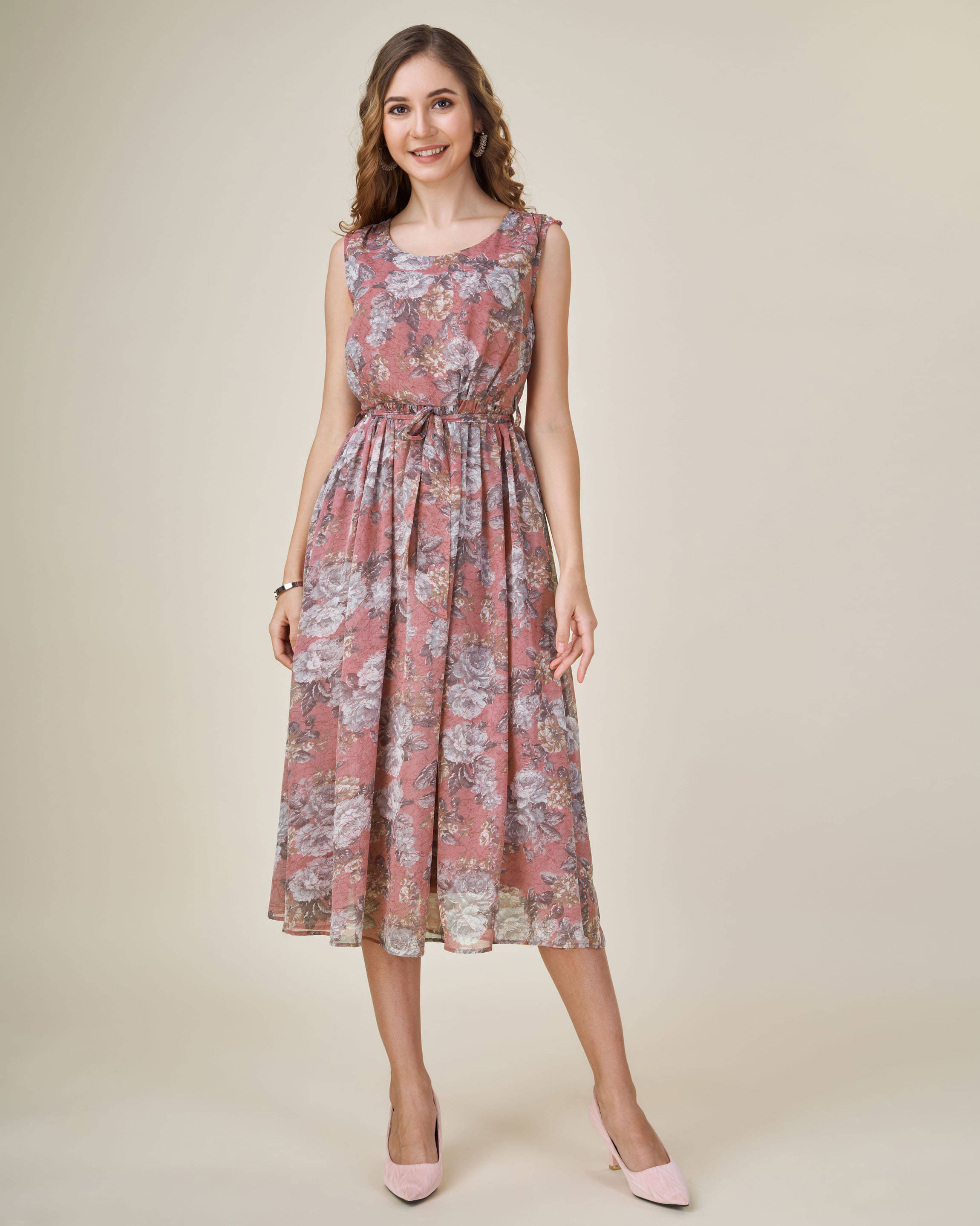 MOJILAA Women Georgette Printed Fit & Flare Dress ( Brown ) MOJILAA Women Georgette Printed Fit & Flare Dress ( Brown )