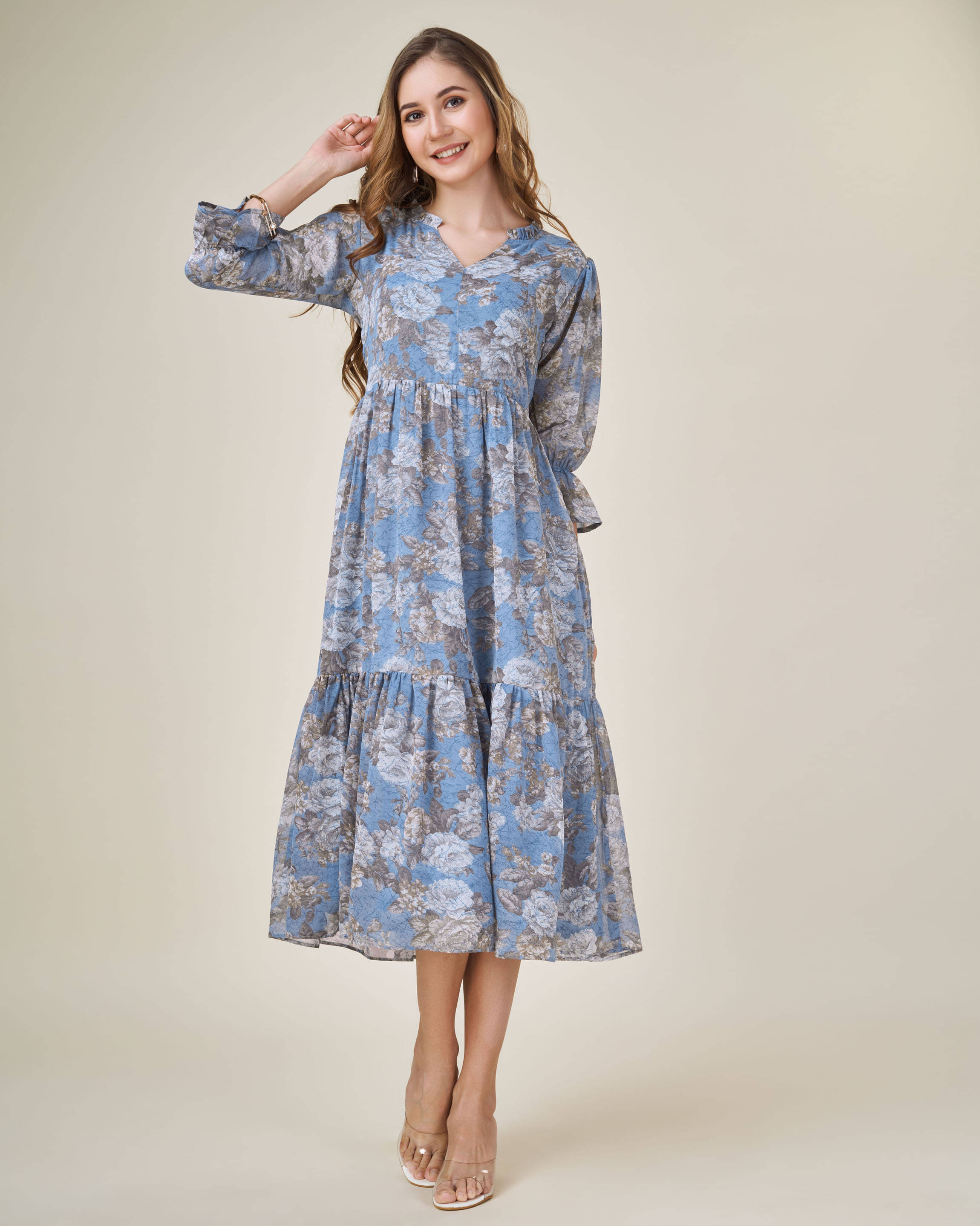 MOJILAA Women Georgette Printed Fit & Flare Dress ( Blue ) MOJILAA Women Georgette Printed Fit & Flare Dress ( Blue )