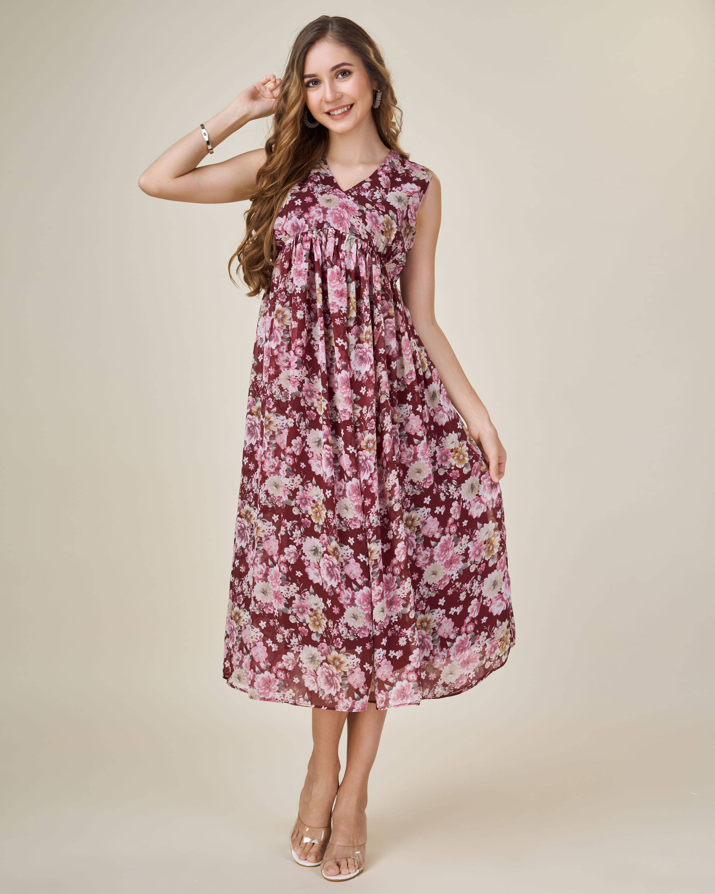 MOJILAA Women Georgette Printed Empire Dress ( Burgundy ) MOJILAA Women Georgette Printed Empire Dress ( Burgundy )