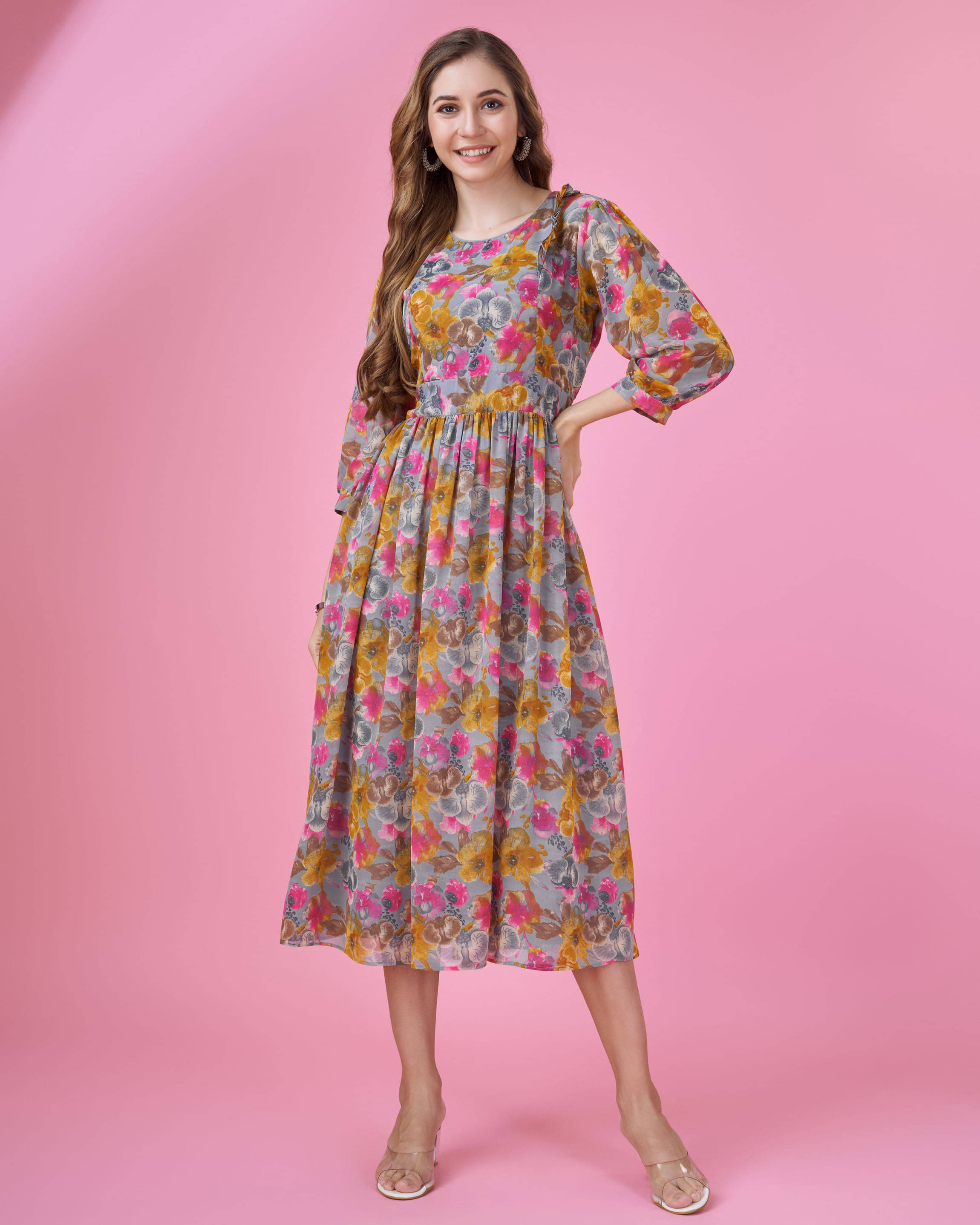 MOJILAA Women Georgette Printed Fit & Flare Dress ( Grey ) MOJILAA Women Georgette Printed Fit & Flare Dress ( Grey )