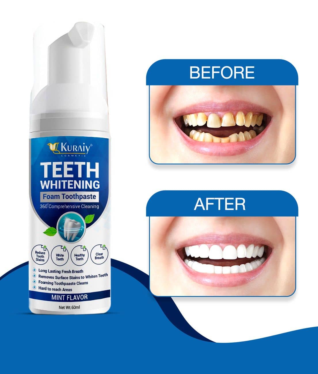 KURAIY Teeth Whitening Oral Hygiene Breath Toothpaste Foam 60ML