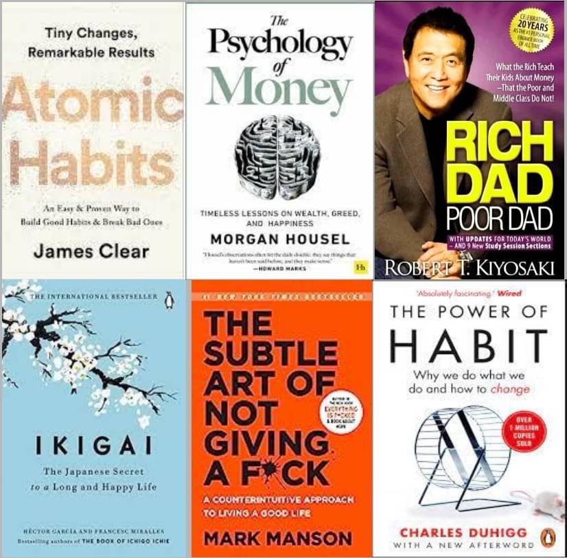 The Psychology Of Money+Ikigai+The Subtle Art Of Not Giving+Atomic Habits + Rich Dad Poor Dad+ The Power of Habits     			The Psychology Of Money+Ikigai+The Subtle Art Of Not Giving+Atomic Habits + Rich Dad Poor Dad+ The Power of Habits