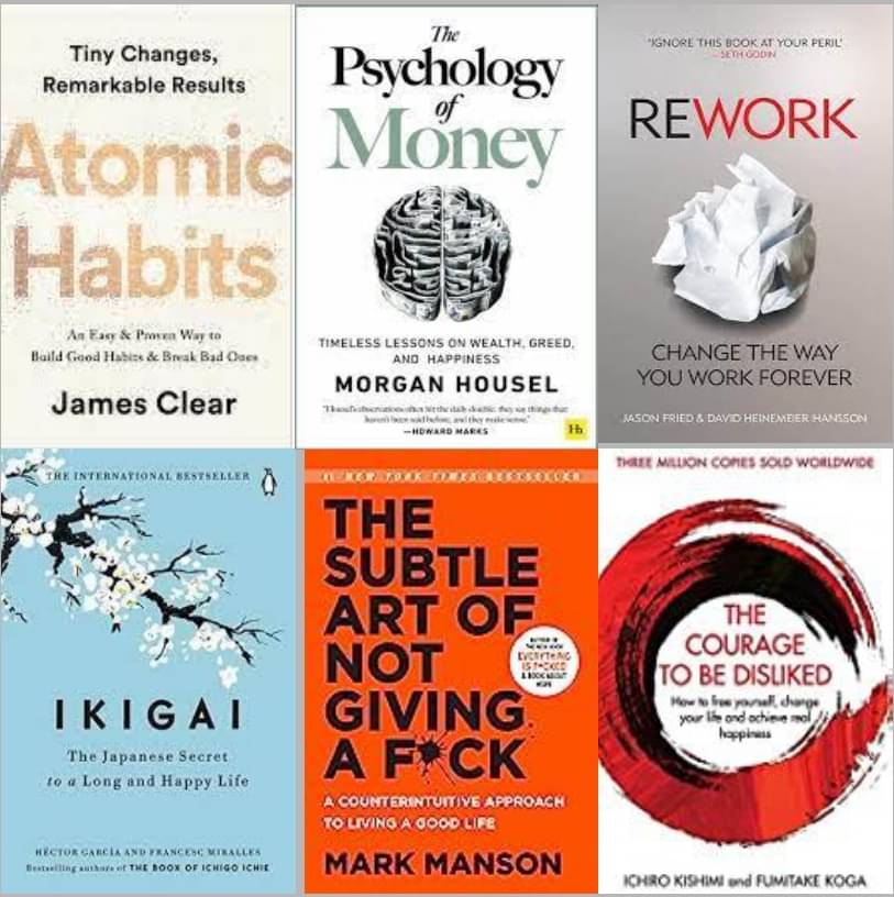     			The Psychology Of Money+Ikigai+The Subtle Art Of Not Giving+Atomic Habits + Rework + The Courage To Be Disliked