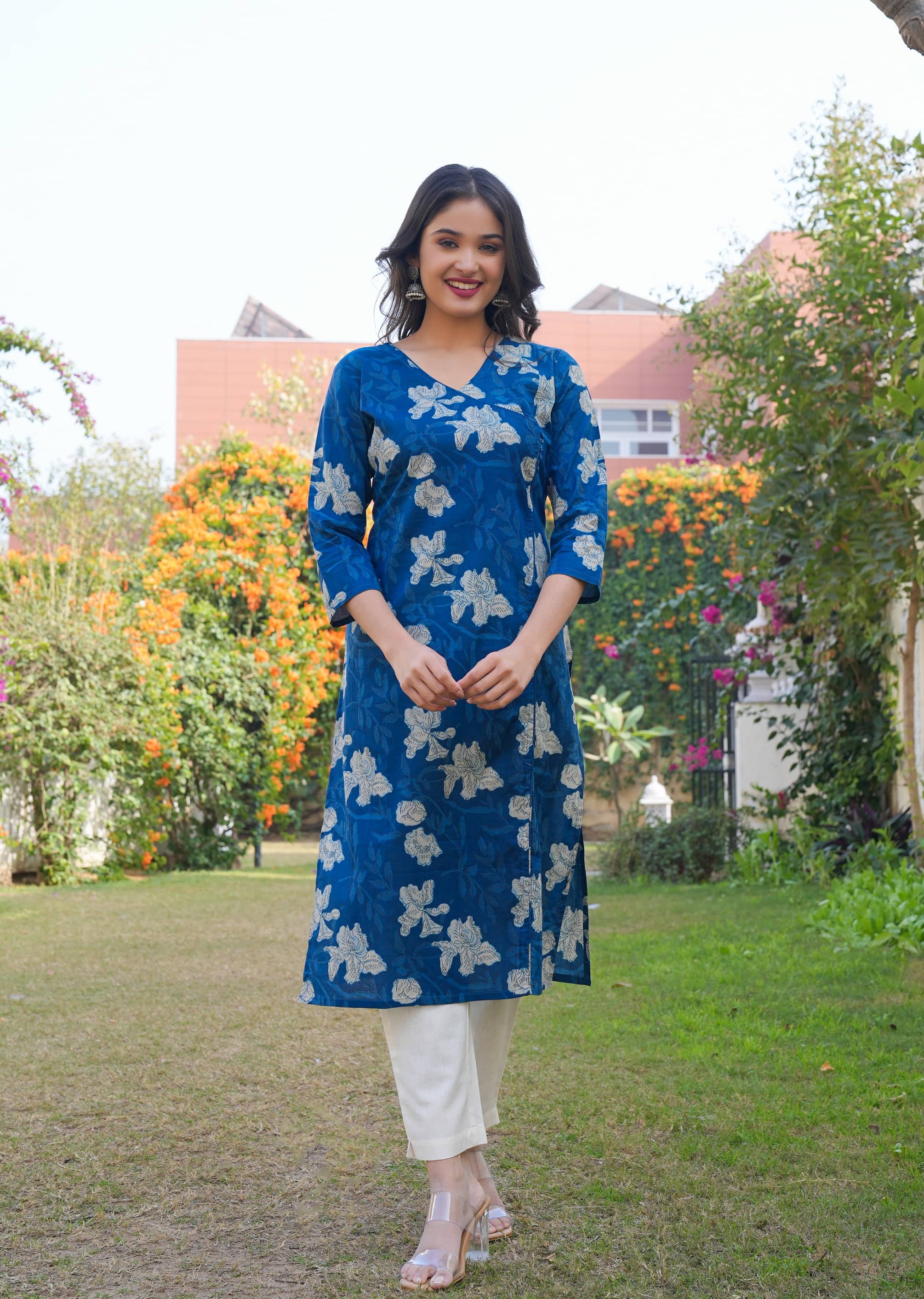 Vbuyz Cotton Printed Angrakha Women's Kurti - Blue ( Pack of 1 ) - Kurtis, Tunics | Buy online on ZillyBuy
