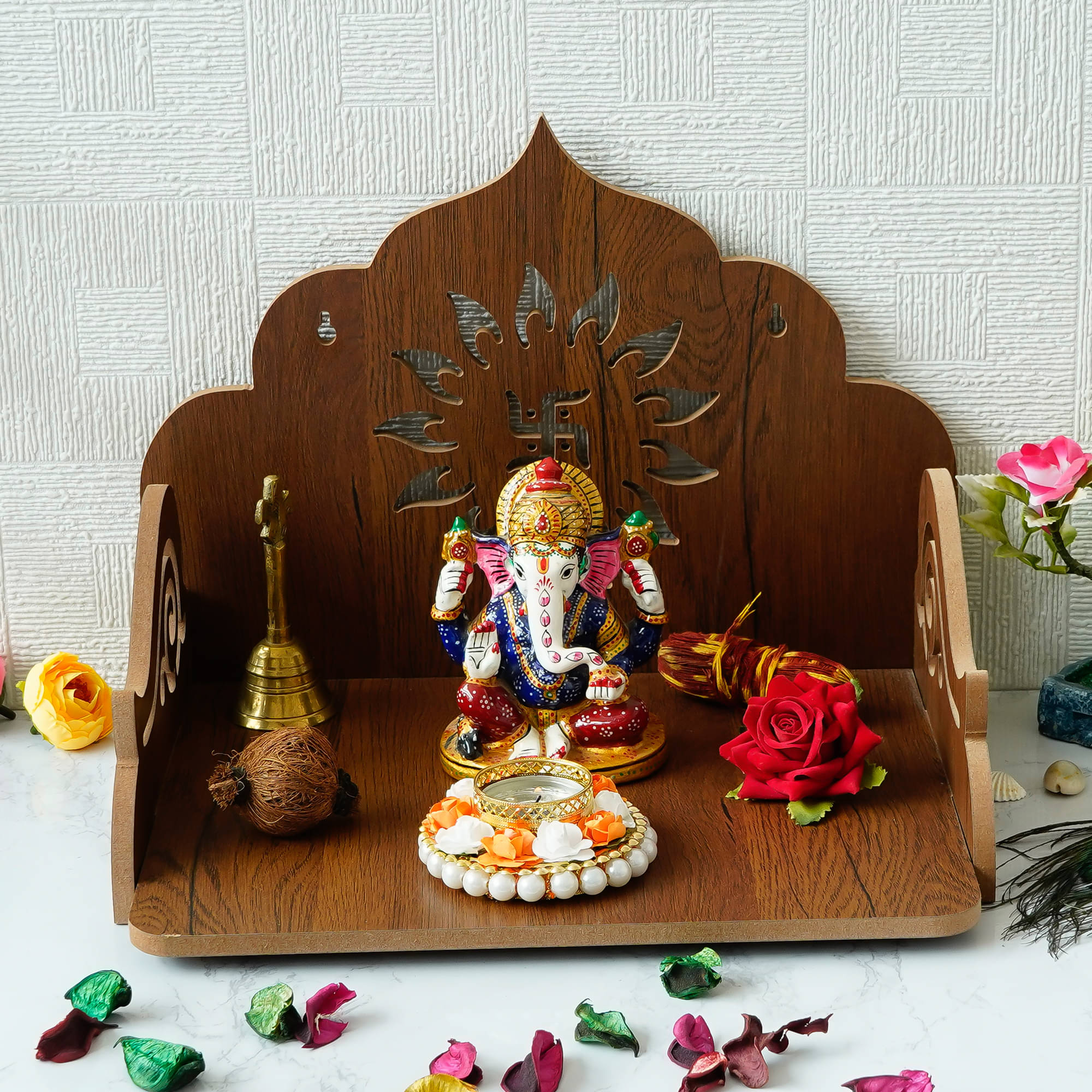     			eCraftIndia Brown Swastik Design Laminated Wood Pooja Temple
