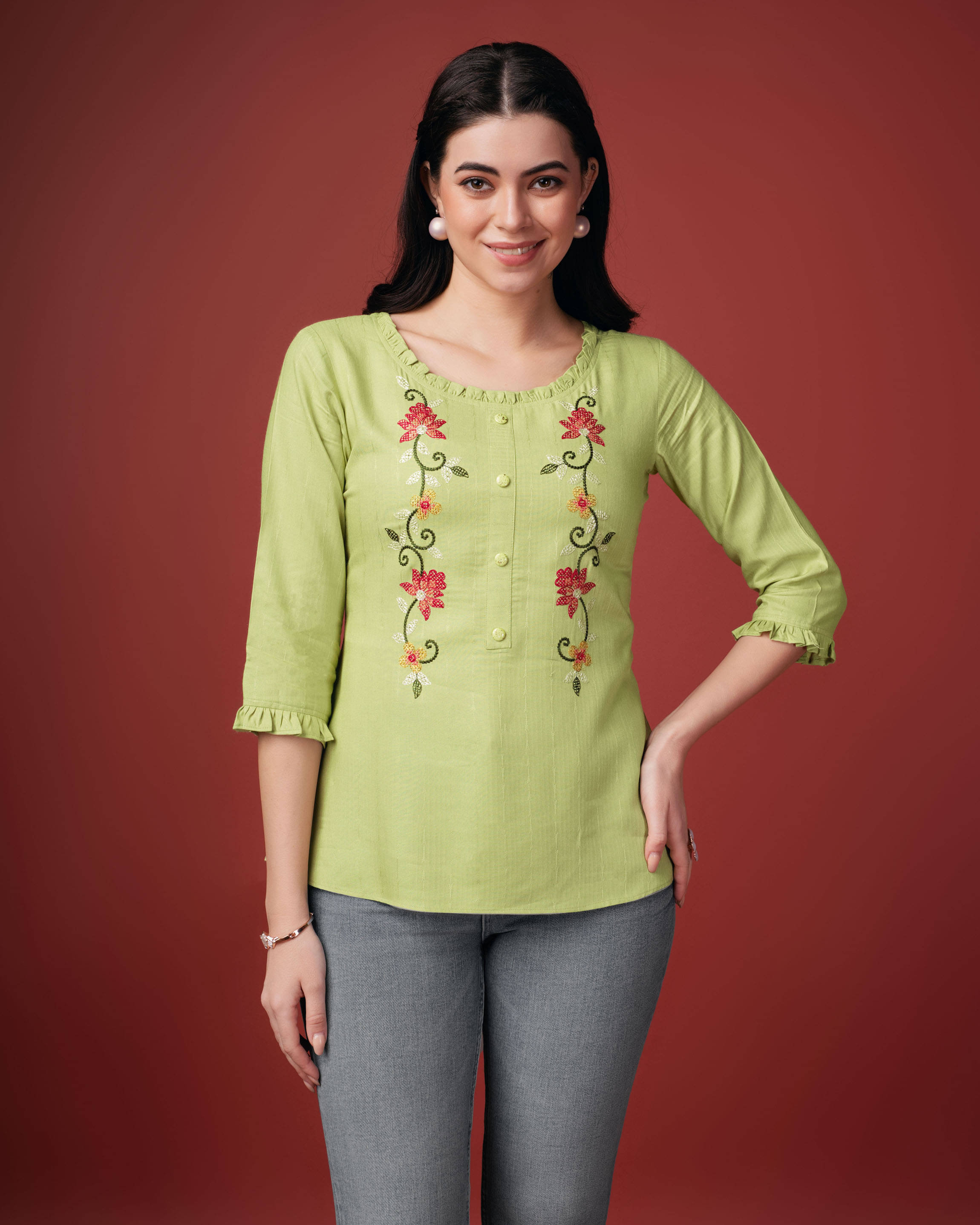     			MOJILAA Women's Viscose A-Line Top ( Green )