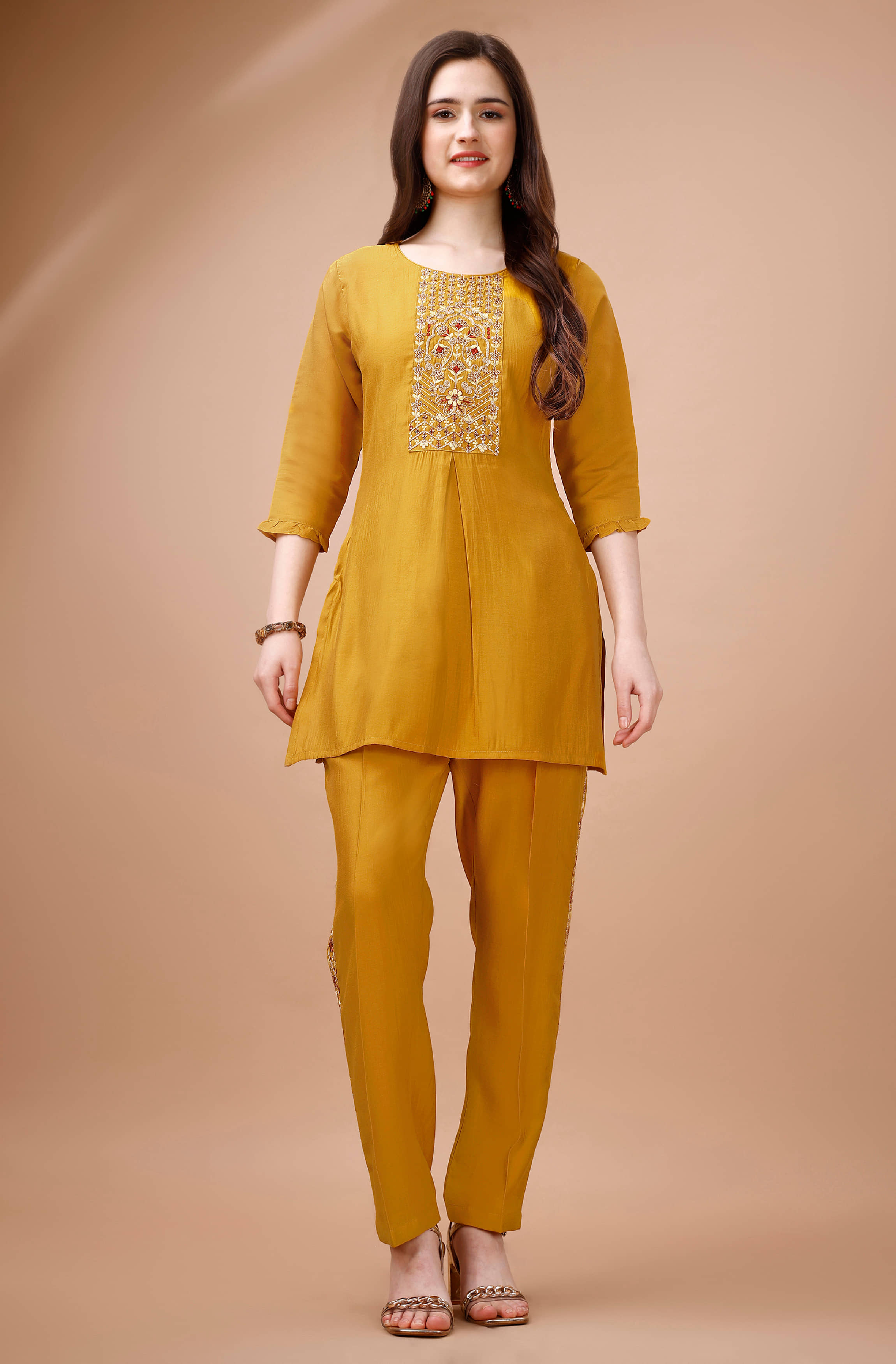 MOJILAA Women Embroidered Tunic With Trousers Co-Ord Set ( Rust )