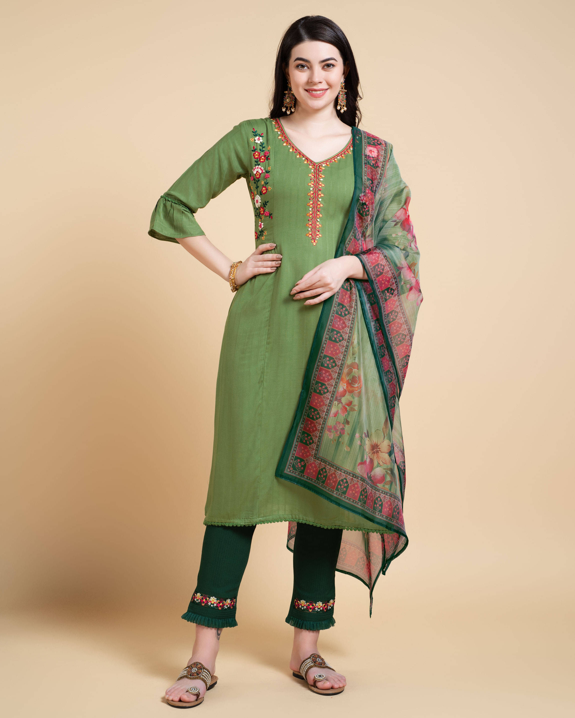     			MOJILAA Rayon Embroidered Kurti With Pants Women's Stitched Salwar Suit - Green ( Pack of 1 )