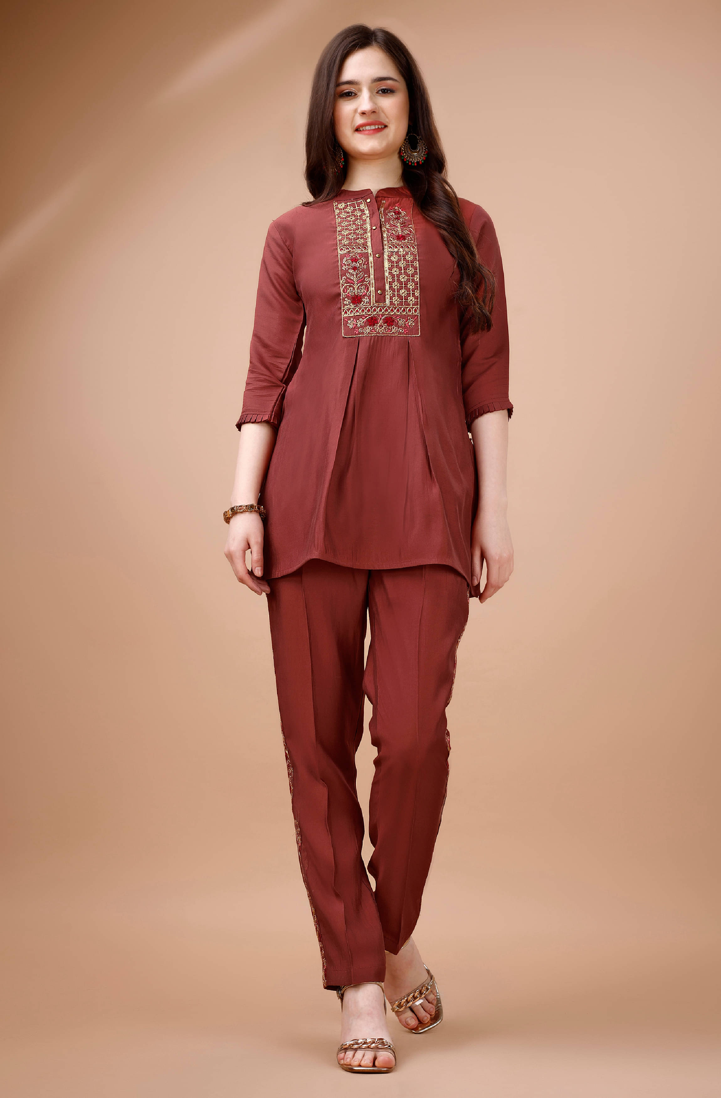 MOJILAA Women Embroidered Tunic With Trousers Co-Ord Set ( Rust ) MOJILAA Women Embroidered Tunic With Trousers Co-Ord Set ( Rust )