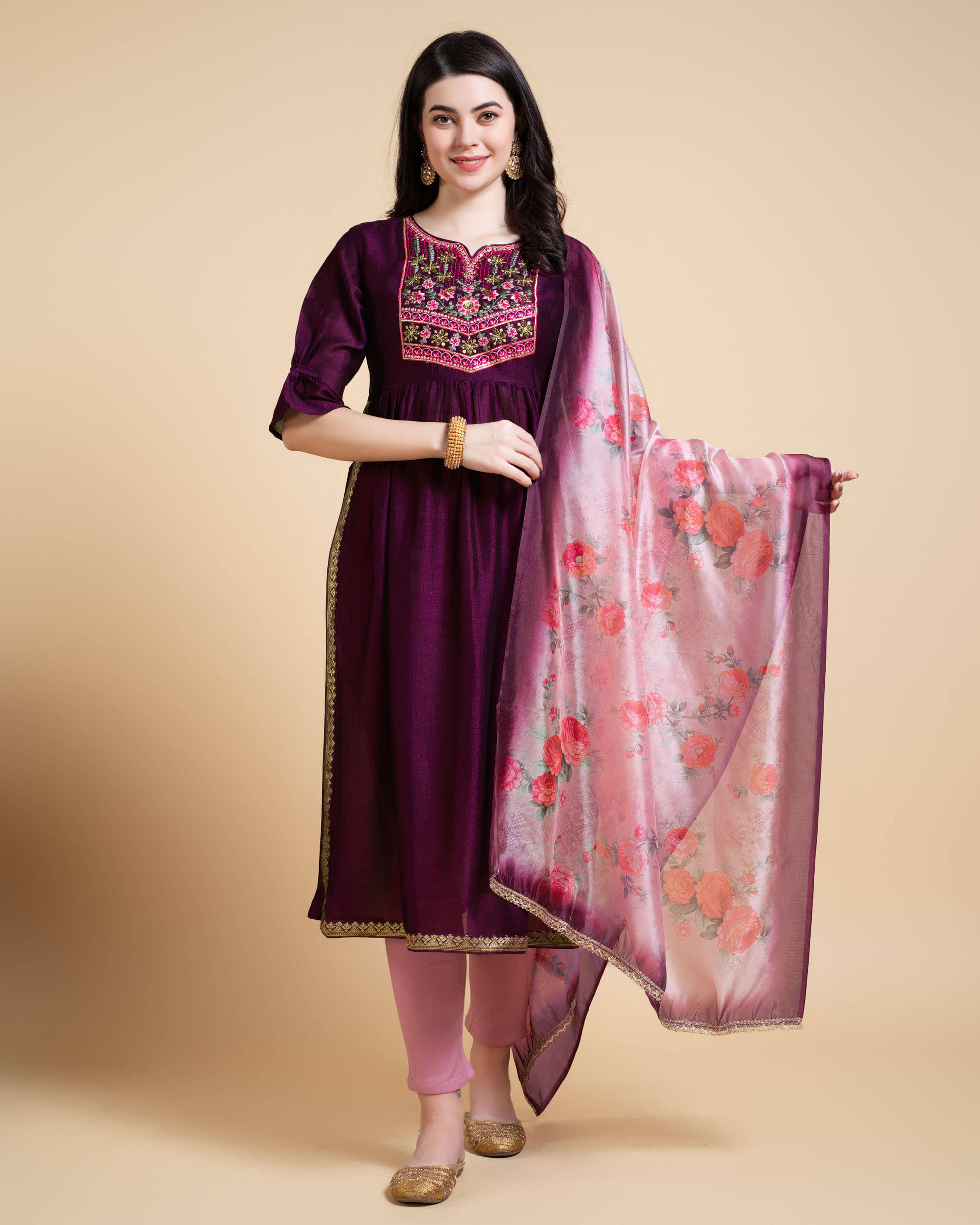 MOJILAA Silk Embroidered Kurti With Pants Women's Stitched Salwar Suit - Purple ( Pack of 1 ) MOJILAA Silk Embroidered Kurti With Pants Women's Stitched Salwar Suit - Purple ( Pack of 1 )