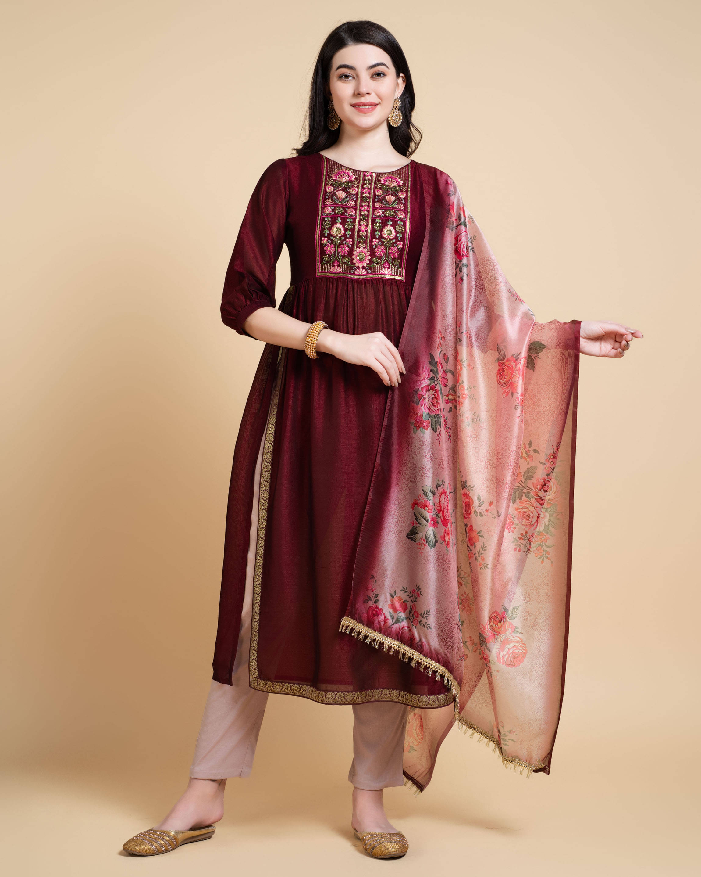 MOJILAA Silk Embroidered Kurti With Pants Women's Stitched Salwar Suit - Maroon ( Pack of 1 ) MOJILAA Silk Embroidered Kurti With Pants Women's Stitched Salwar Suit - Maroon ( Pack of 1 )