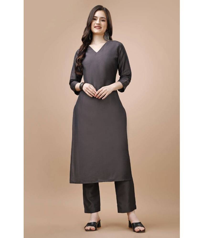     			MOJILAA Silk Solid Kurti With Pants Women's Stitched Salwar Suit - Dark Grey ( Pack of 1 )