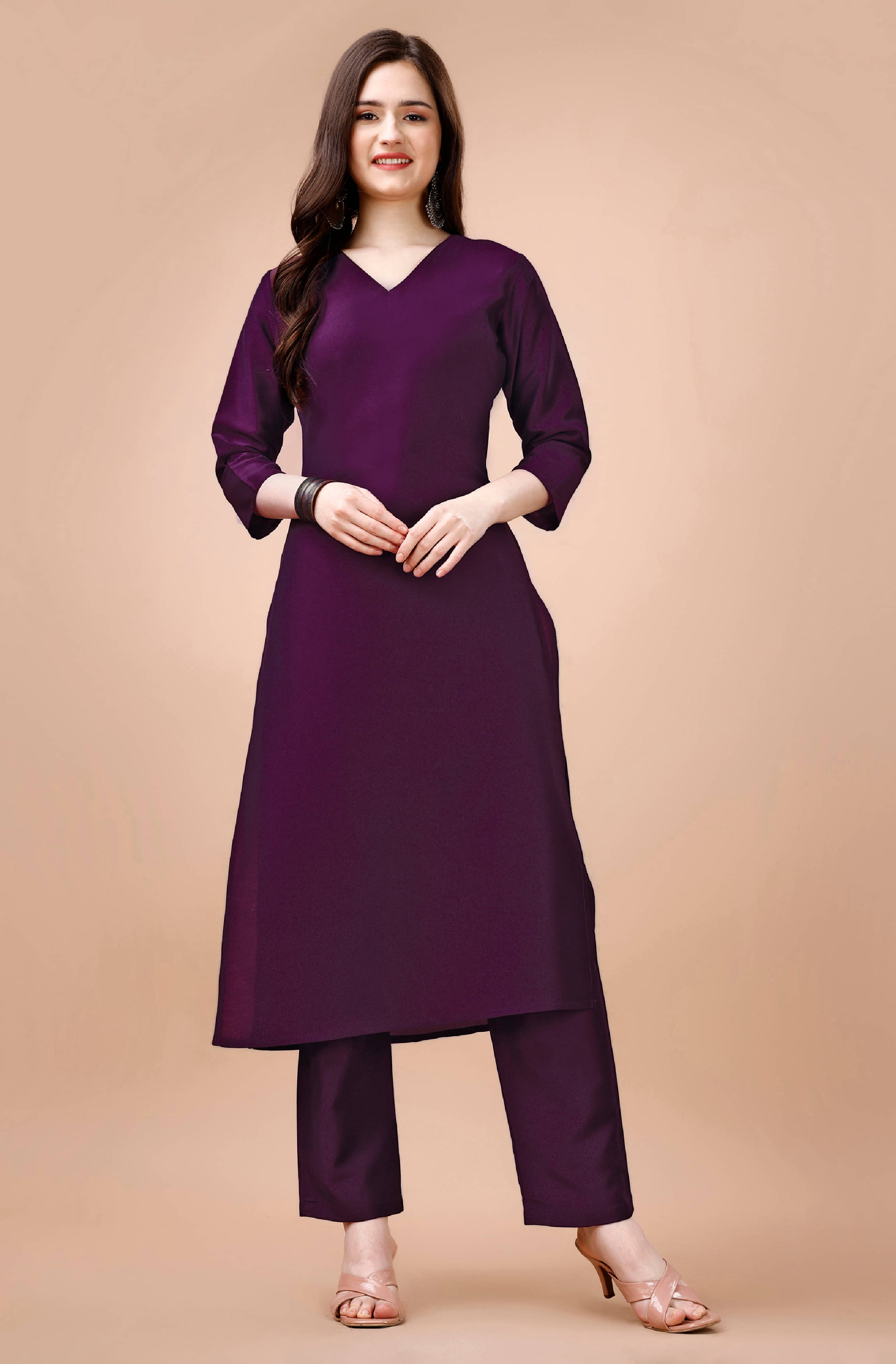     			MOJILAA Silk Solid Kurti With Pants Women's Stitched Salwar Suit - Purple ( Pack of 1 )