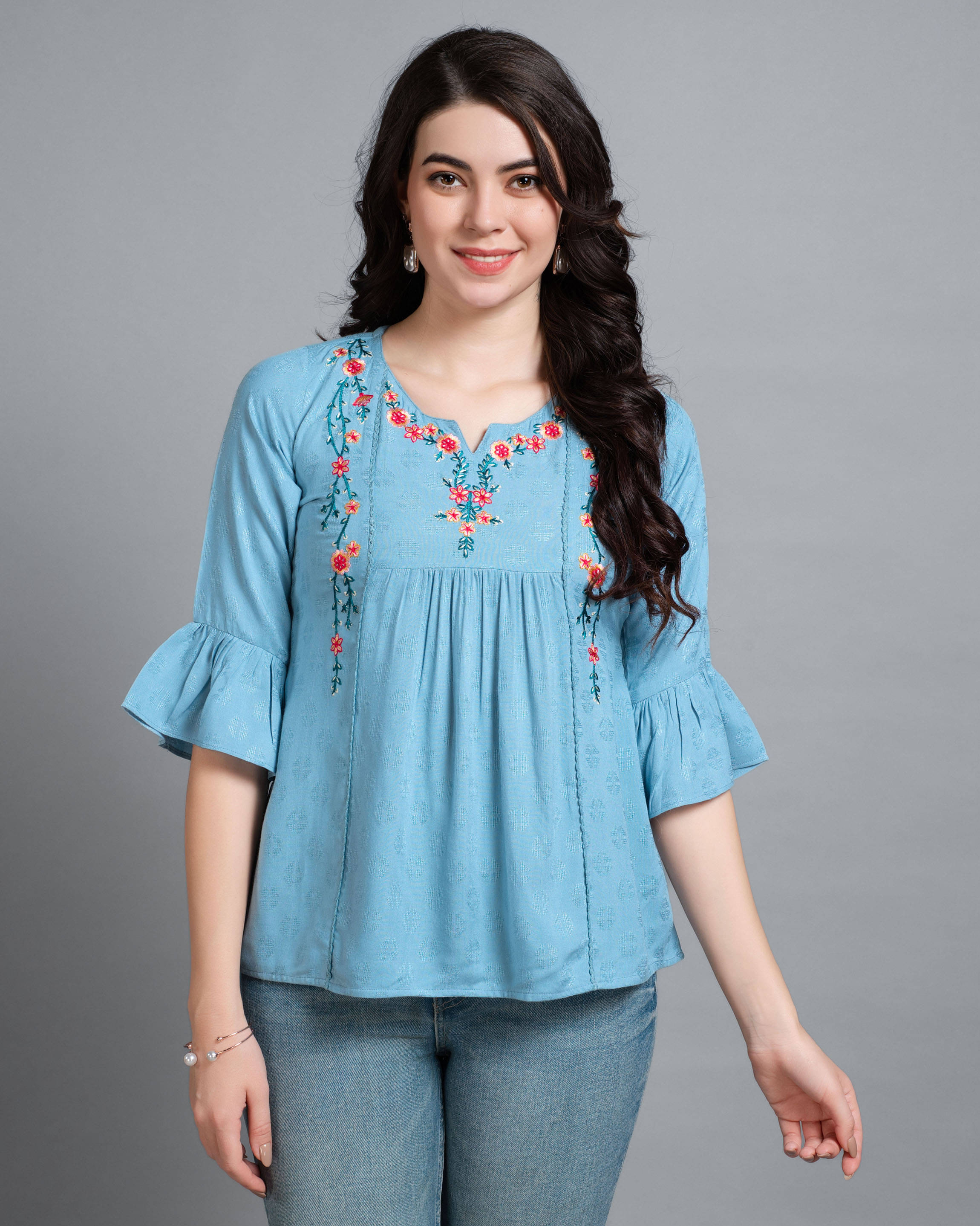     			MOJILAA Women's Viscose A-Line Top ( Turquoise )
