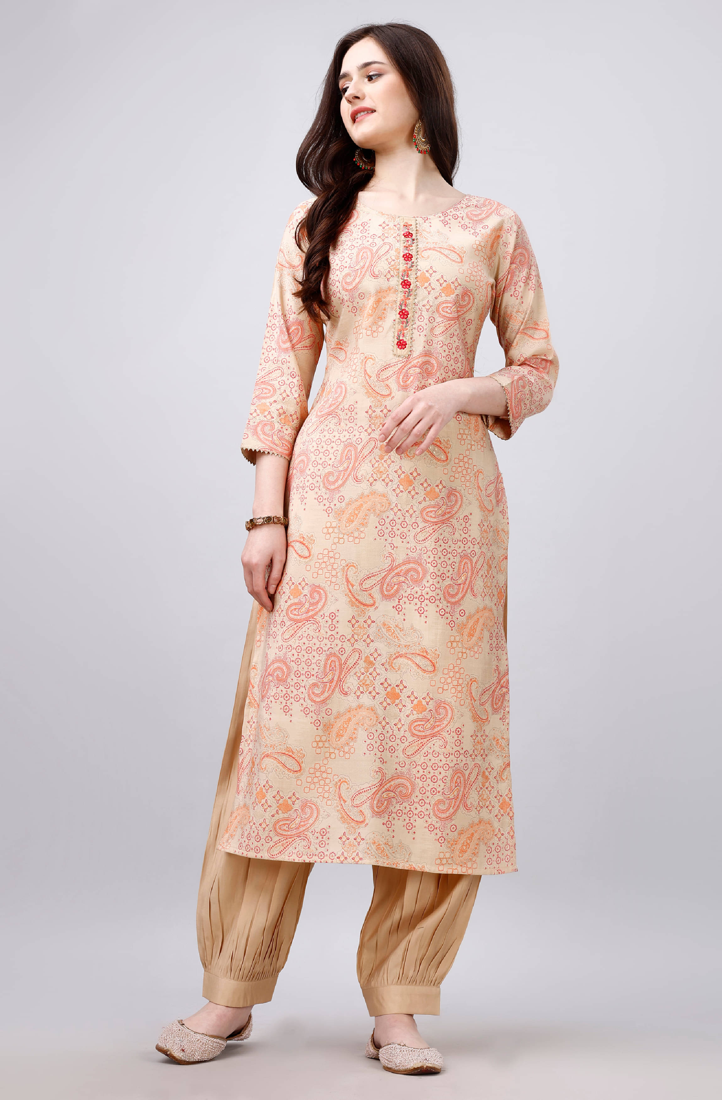    			MOJILAA Viscose Printed Kurti With Salwar Women's Stitched Salwar Suit - Beige ( Pack of 1 )