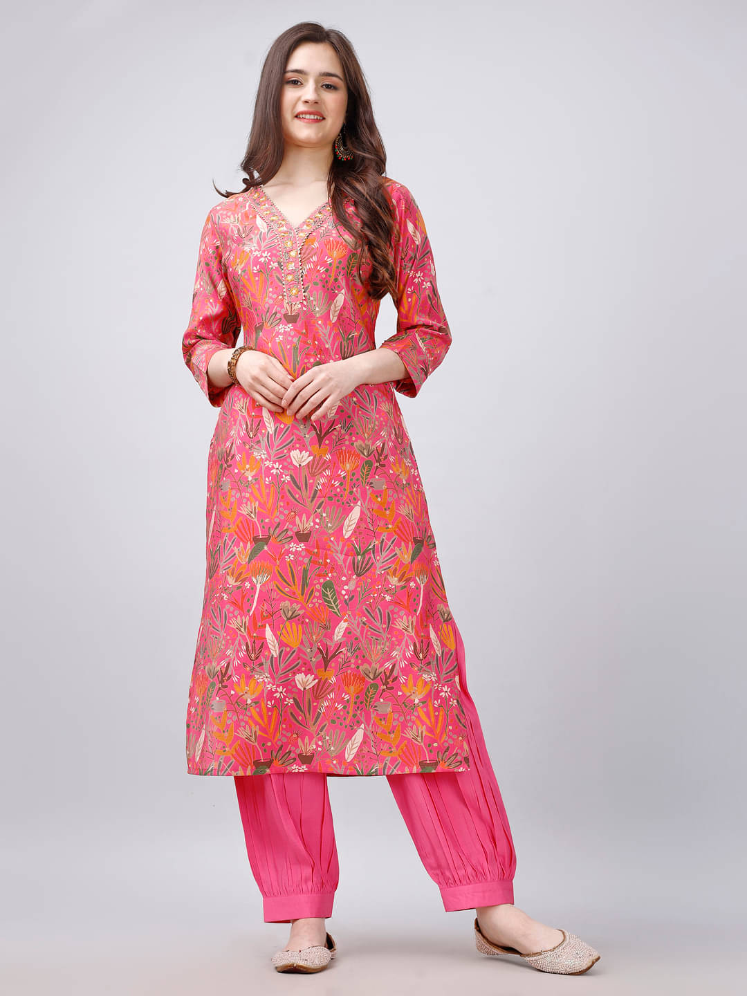     			MOJILAA Viscose Printed Kurti With Salwar Women's Stitched Salwar Suit - Pink ( Pack of 1 )