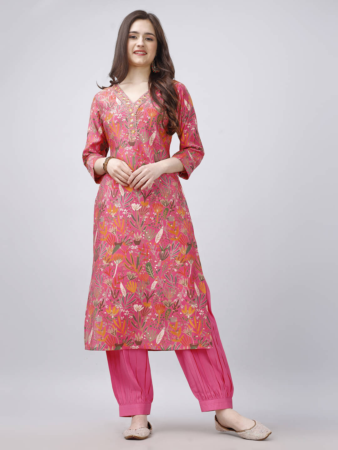     			MOJILAA Viscose Printed Kurti With Salwar Women's Stitched Salwar Suit - Pink ( Pack of 1 )