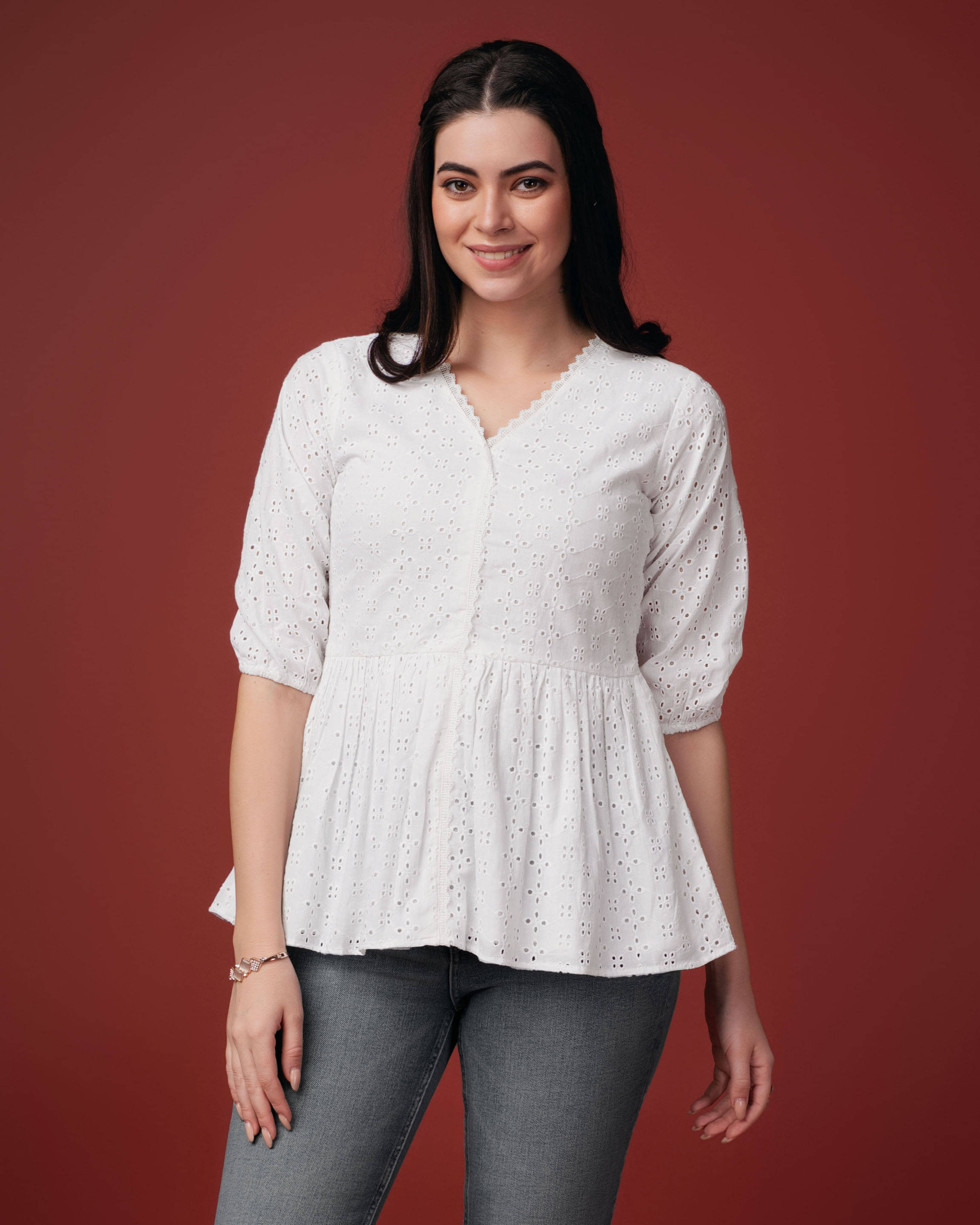    			MOJILAA White Cotton Blend Women's Peplum Top ( Pack of 1 )
