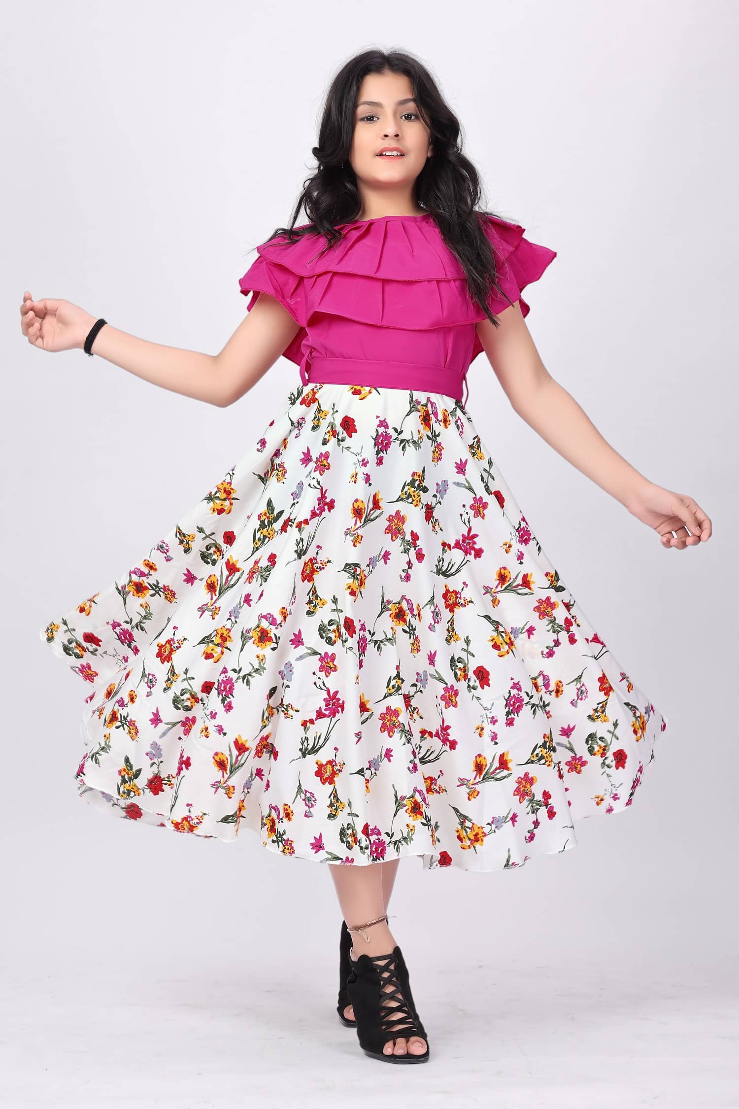Aarya Creation Crepe Fit And Flare Dress For Girls ( Pack of 1 , Pink )