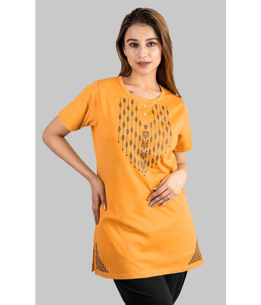     			URBE Women Cotton Blend Printed Regular Fit Round Neck T-Shirt ( Mustard )