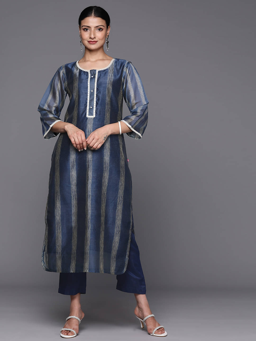     			Varanga Chanderi Printed Kurti With Pants Women's Stitched Salwar Suit - Navy Blue ( Pack of 1 )