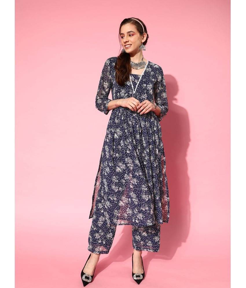 Varanga Georgette Printed Kurti With Pants Women's Stitched Salwar Suit - Navy Blue ( Pack of 1 ) Varanga Georgette Printed Kurti With Pants Women's Stitched Salwar Suit - Navy Blue ( Pack of 1 )