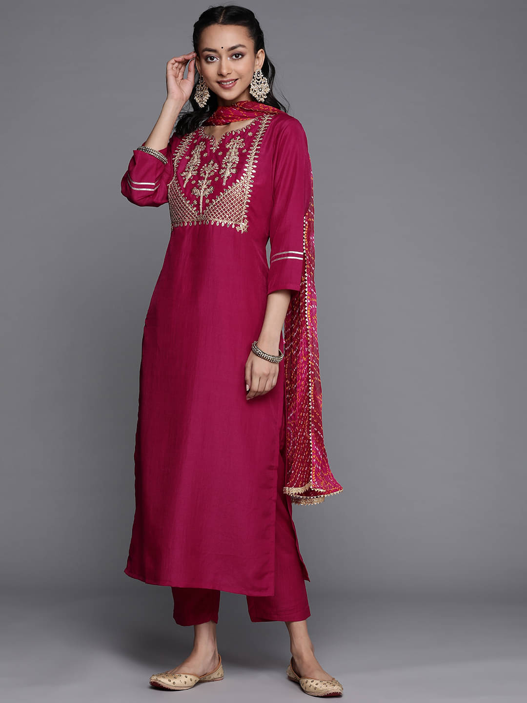     			Varanga Silk Blend Self Design Kurti With Pants Women's Stitched Salwar Suit - Magenta ( Pack of 1 )