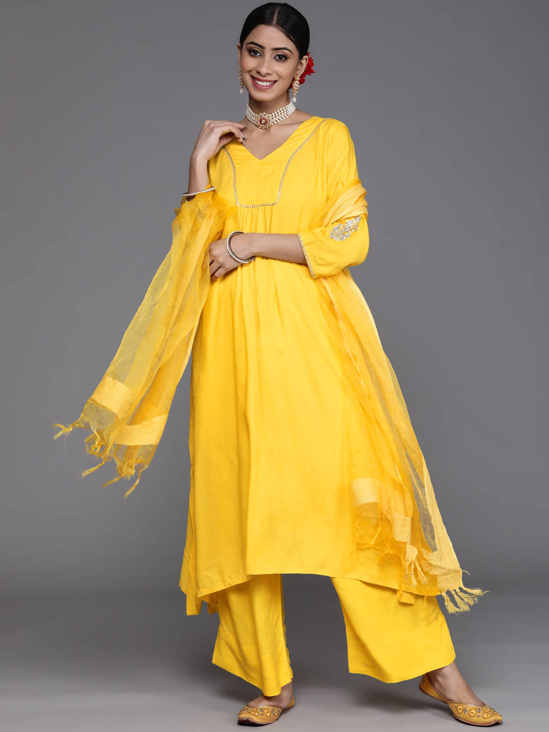     			Varanga Silk Blend Self Design Kurti With Pants Women's Stitched Salwar Suit - Yellow ( Pack of 1 )