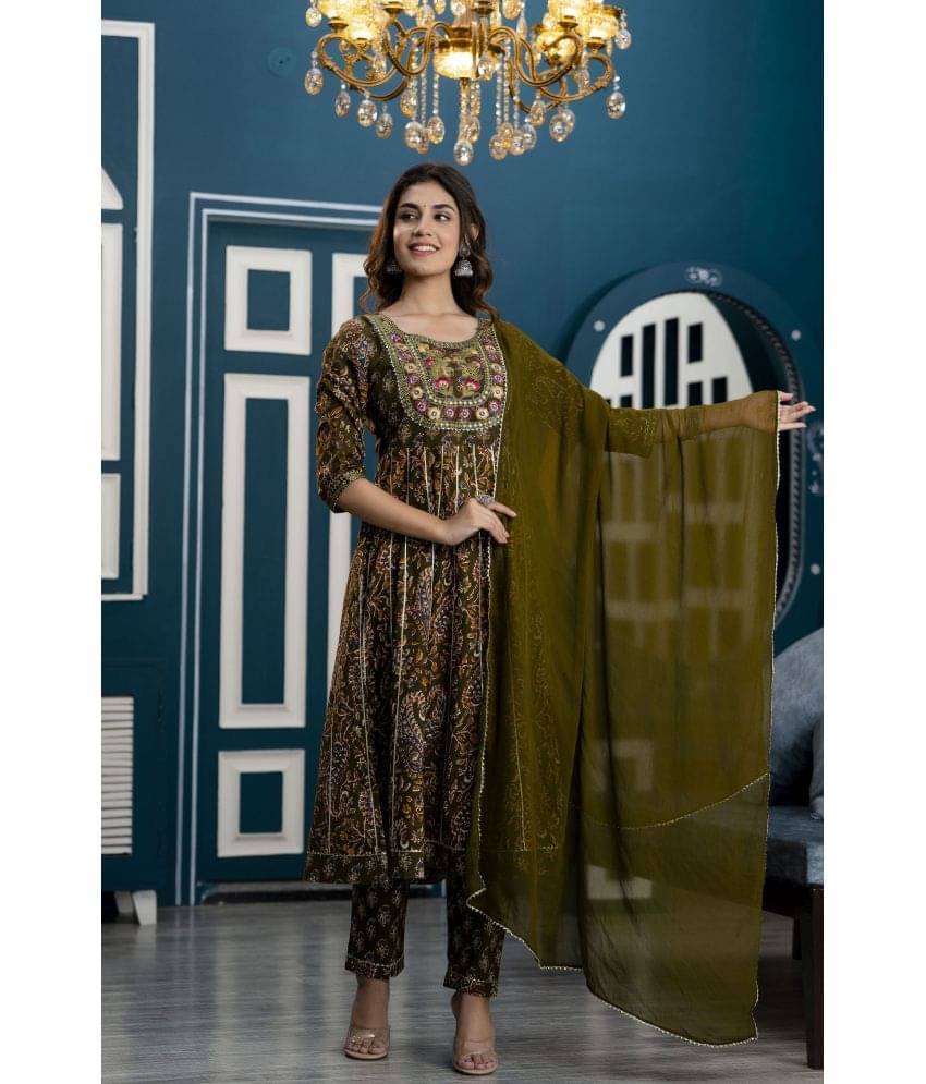     			Frionkandy Cotton Printed Kurti With Pants Women's Stitched Salwar Suit - Green ( Pack of 1 )
