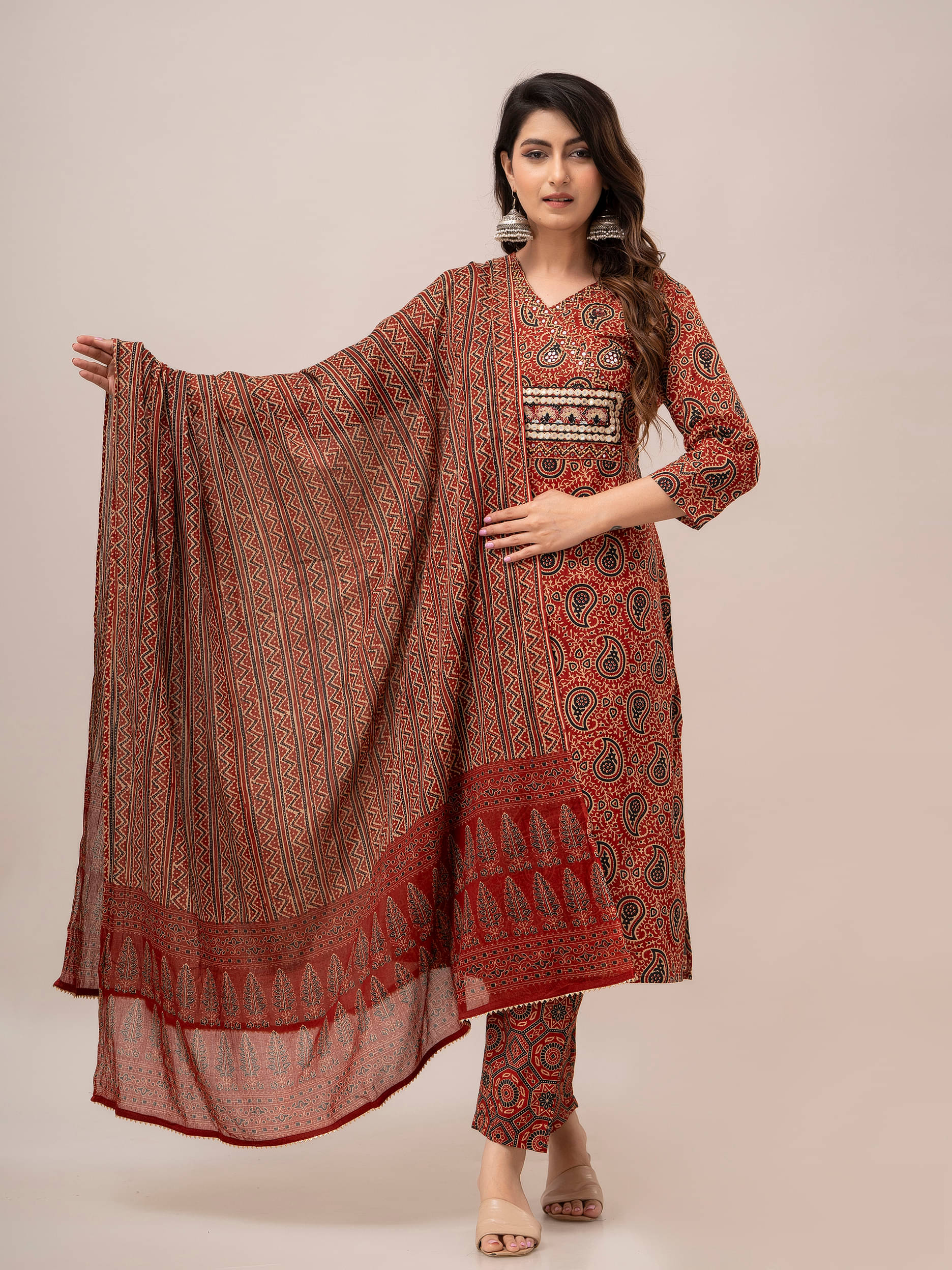 Frionkandy Cotton Printed Kurti With Pants Women's Stitched Salwar Suit - Maroon ( Pack of 1 )     			Frionkandy Cotton Printed Kurti With Pants Women's Stitched Salwar Suit - Maroon ( Pack of 1 )