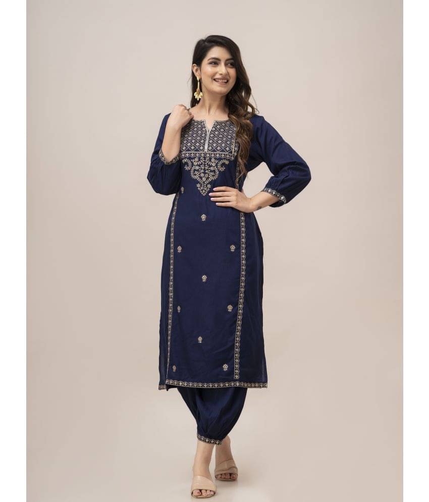 Frionkandy Rayon Embroidered Kurti With Salwar Women's Stitched Salwar Suit - Blue ( Pack of 1 )     			Frionkandy Rayon Embroidered Kurti With Salwar Women's Stitched Salwar Suit - Blue ( Pack of 1 )