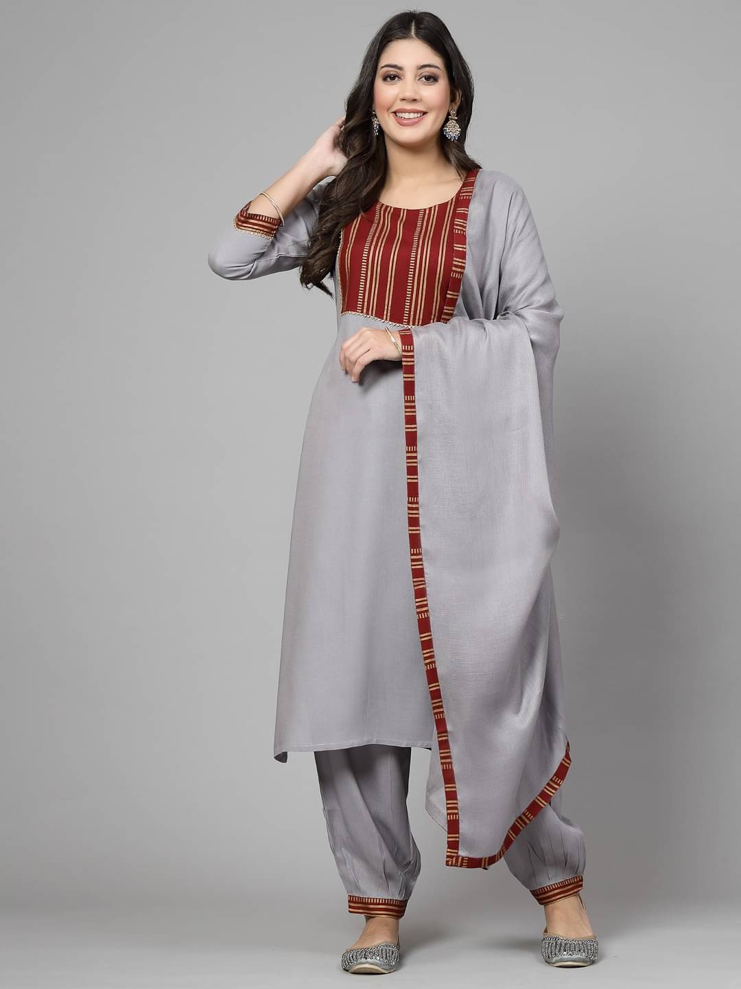     			Glorious Rayon Striped Kurti With Pants Women's Stitched Salwar Suit - Grey ( Pack of 1 )