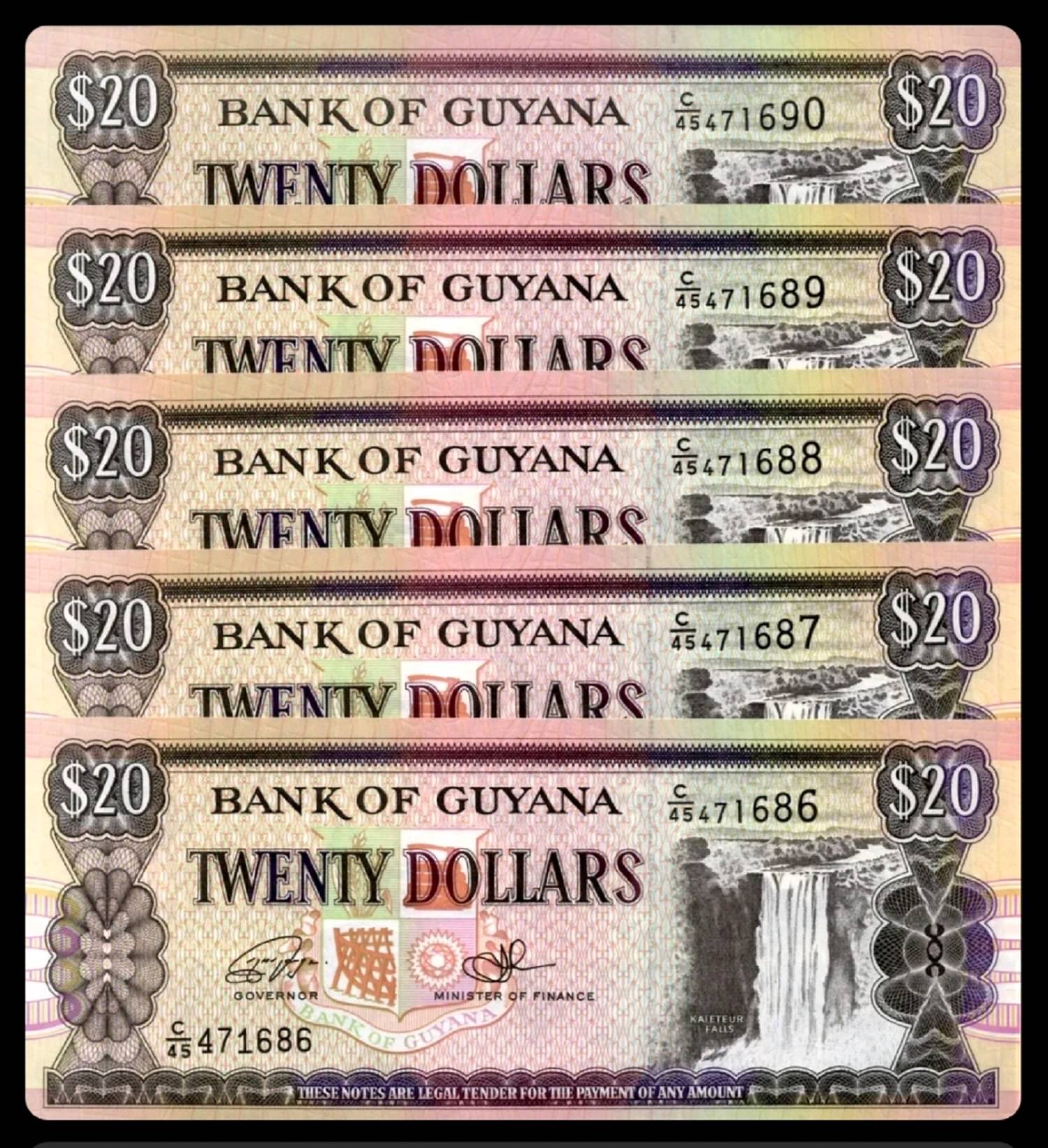Guyana 20 Dollars Consecutive Serial 5 Notes in Top Grade Gem UNC Guyana 20 Dollars Consecutive Serial 5 Notes in Top Grade Gem UNC