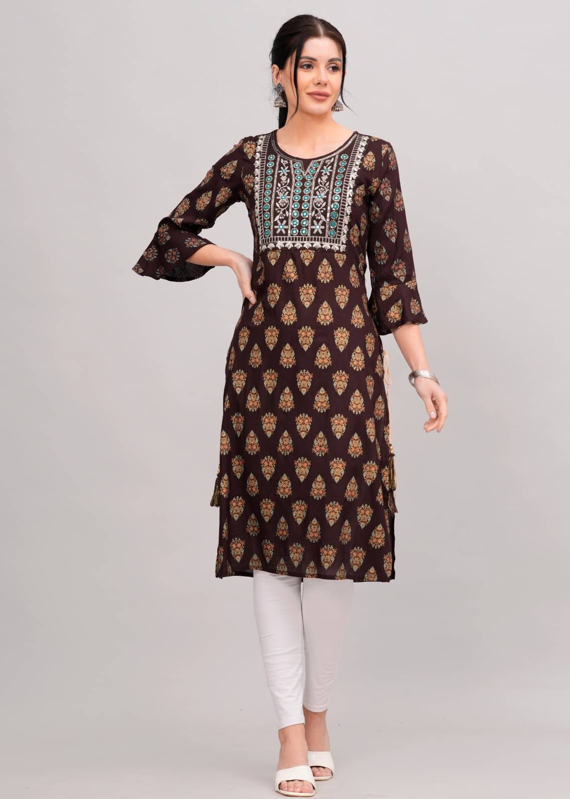 MAUKA Rayon Embroidered Straight Women's Kurti - Brown ( Pack of 1 ) MAUKA Rayon Embroidered Straight Women's Kurti - Brown ( Pack of 1 )