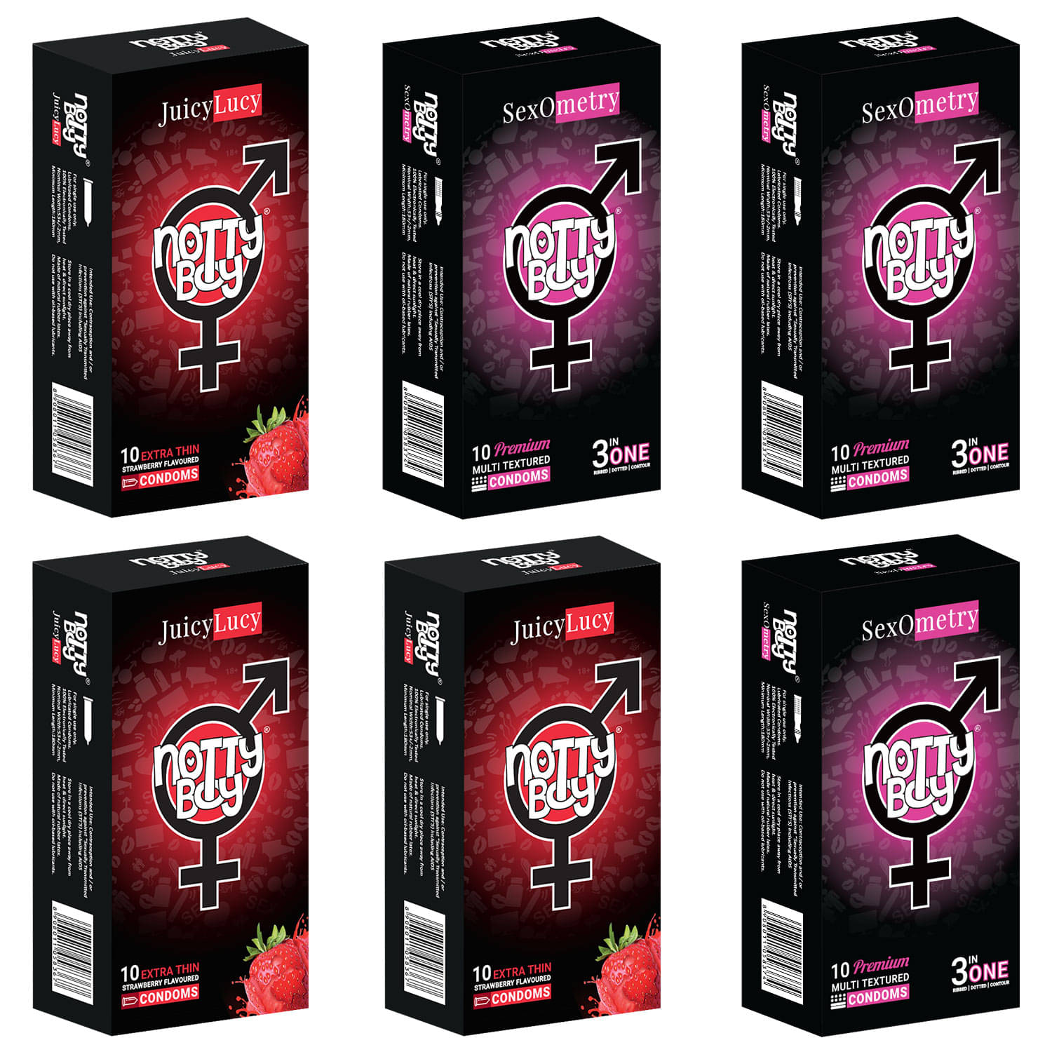 NottyBoy 3 IN 1, Dotted, Ribbed, Contour, Ultra Thin & Strawberry Flavoured Condoms For Men - 60 Units NottyBoy 3 IN 1, Dotted, Ribbed, Contour, Ultra Thin & Strawberry Flavoured Condoms For Men - 60 Units