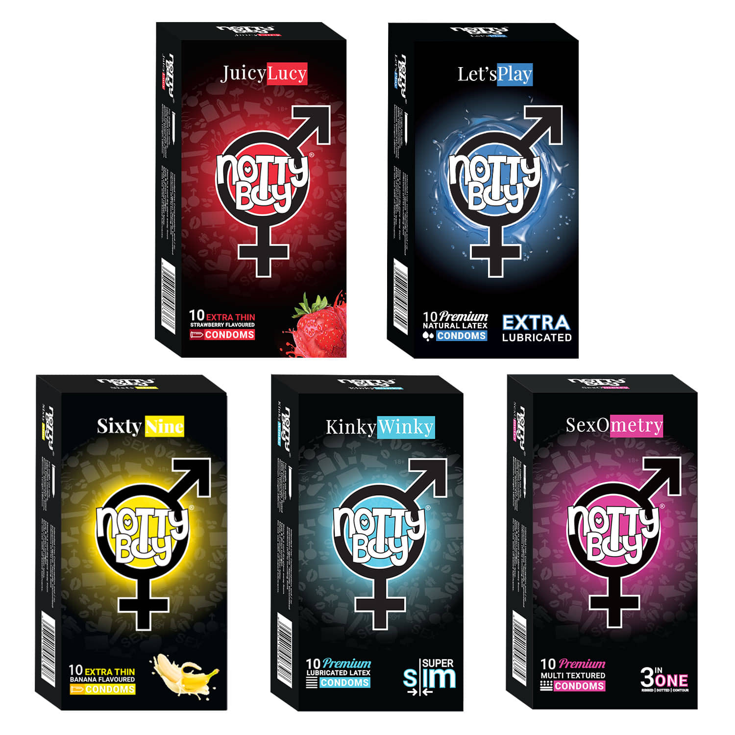 NottyBoy Family Combo Pack 3 IN 1, Ribbed, Extra Lubricated, Ultra Thin, Strawberry & Banana Flavoured Condoms - 50 Units
