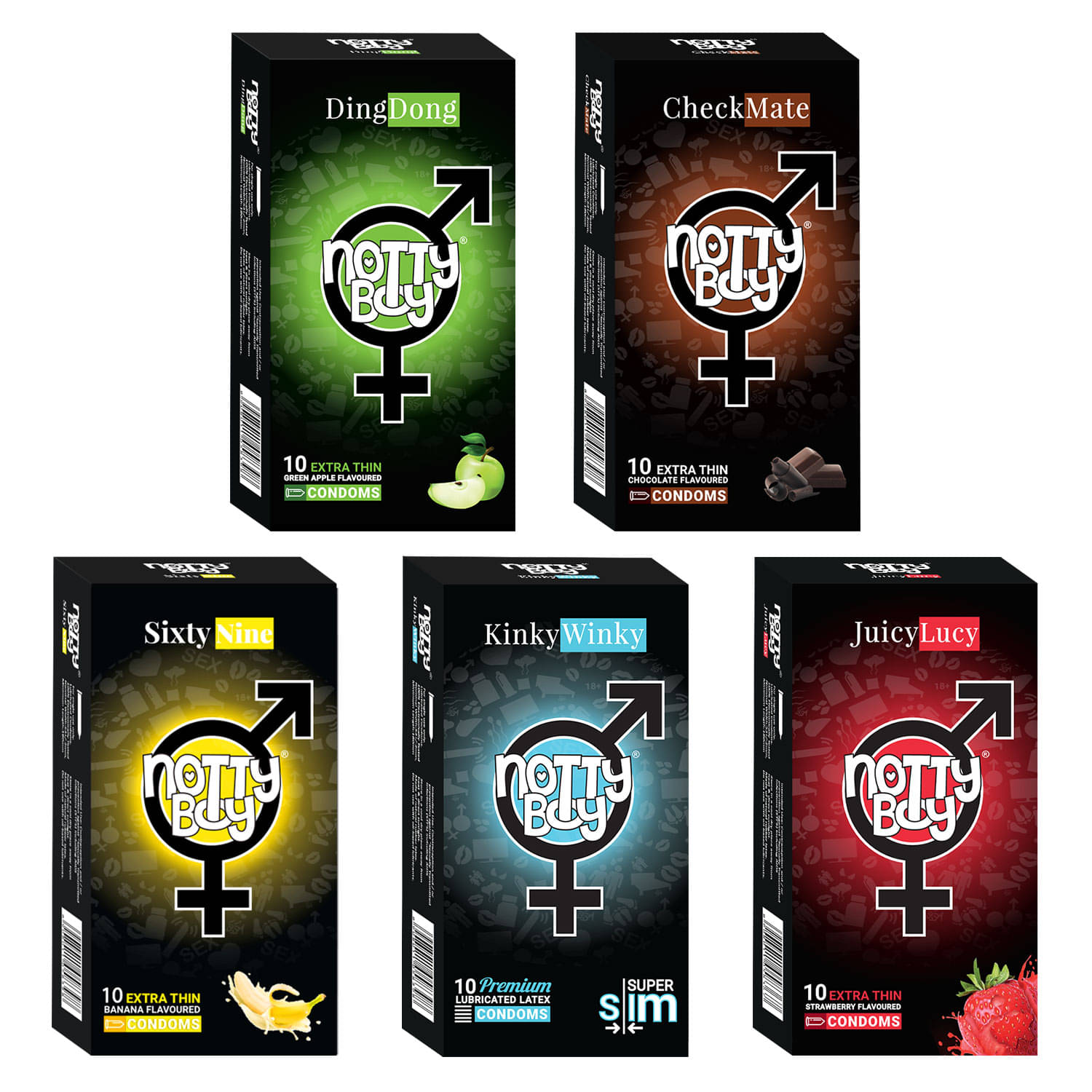     			NottyBoy Mixed Combo Pack, Ultra Thin, Banana, Strawberry, Chocolate and Fruit Flavour Condoms - 50 Units