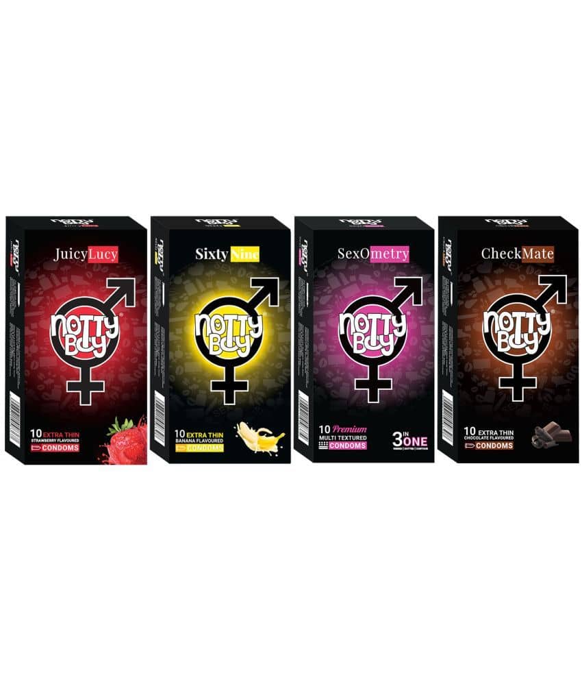 NottyBoy Ribs Dots Contoured Banana Chocolate and Strawberry Flavour Condoms Combo Pack - 40 Units