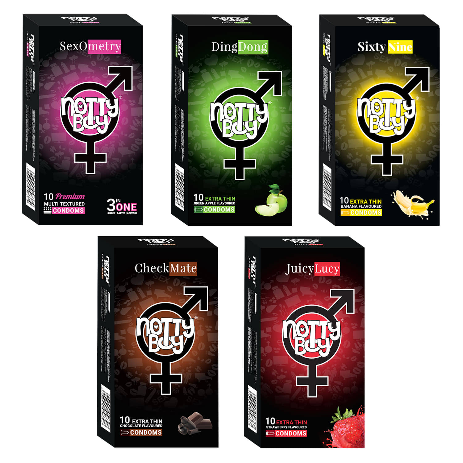 NottyBoy Variety Pack 3 IN1 Ribbed, Dotted, Contour, Banana, Chocolate, Strawberry and Fruit Flavour - 50 Units